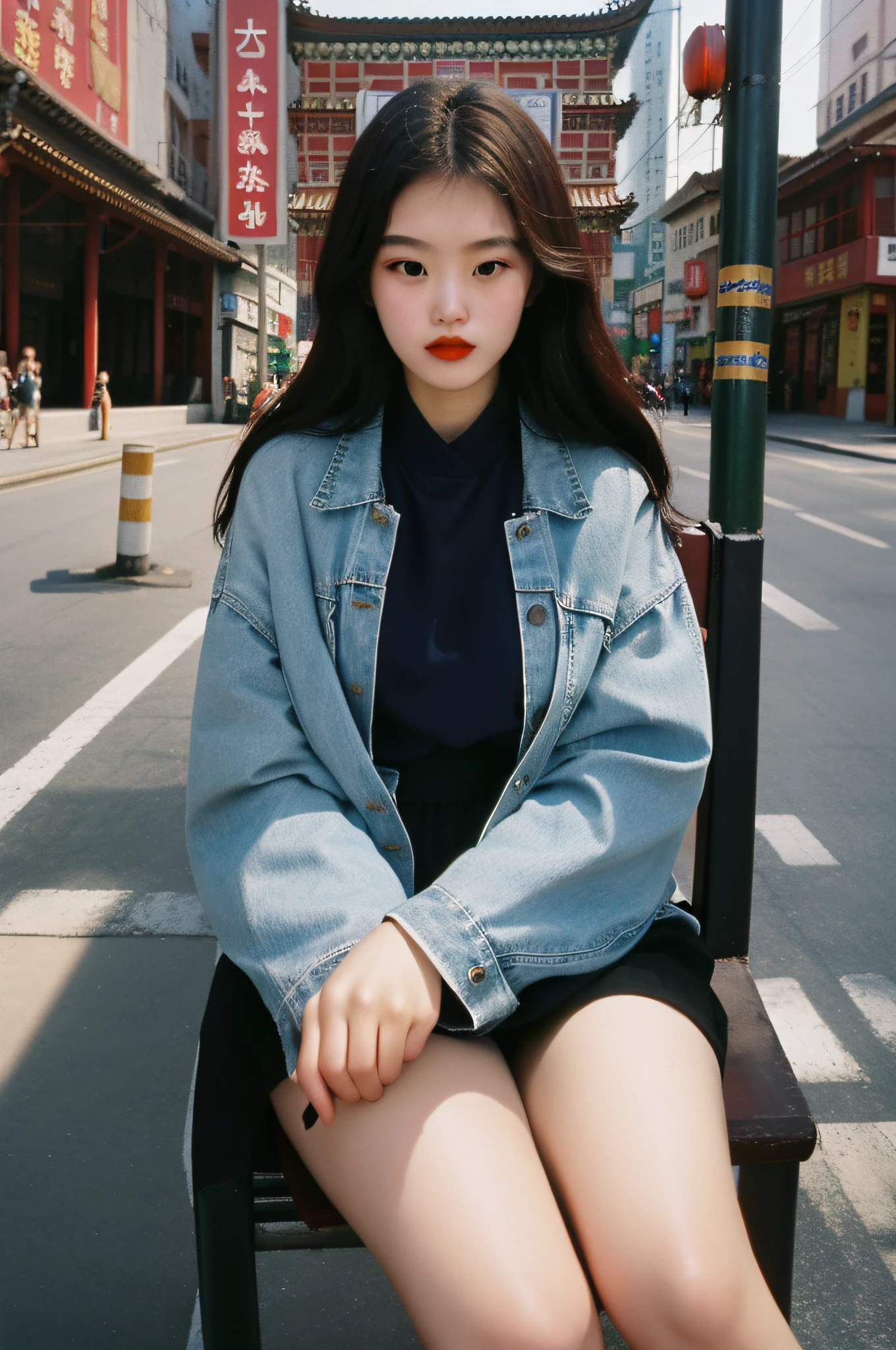 masterpiece, raw photo, film photo,   90s flash photo,  best quality,
1girl, china town, beautiful girl, sit front of camera, 
Renhang,