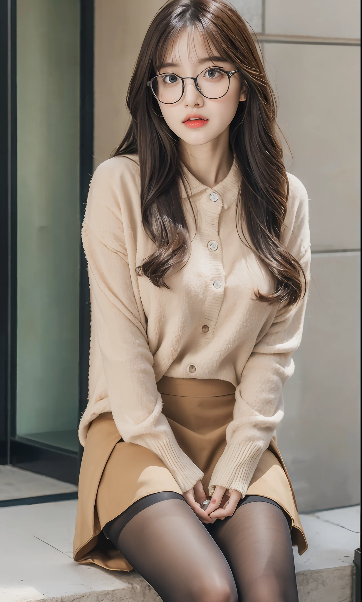 ulzzang-6500-v1.1, (raw photo:1.2), (photorealistic:1.4), beautiful detailed girl, very detailed eyes and face, beautiful detailed eyes, ridiculous, incredibly ridiculous, huge file size, super detailed, high resolution, very detailed, best quality, masterpiece, ((summer fashion clothes in different colors)), illustration, very detailed, CG, unified, 8k wallpaper, amazing, fine details, Masterpiece, best quality, very detailed CG uniform 8k wallpaper, face light, movie lighting, 1girl, , long white hair, side split, (big breasts), (no panties)), (glasses), (dynamic pose)), (sexy pose), (camel toe), (half), (pantyhose), (black hip skirt)), (bent knees and legs sitting))