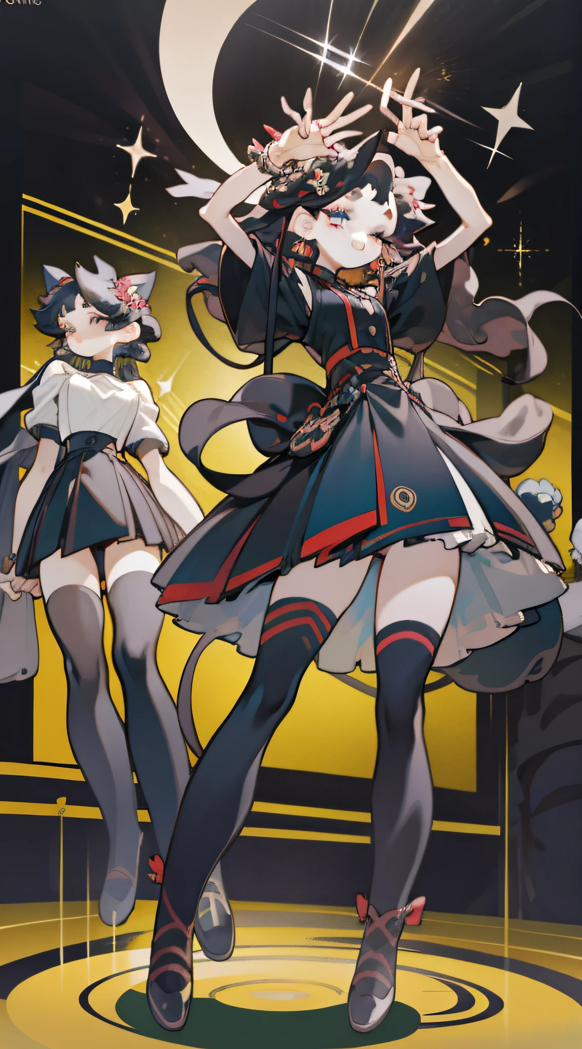 Black cat, cute, big eyes, anthropomorphic, idol, bangs, gradient hair, well-defined hair, manga hair angular, hair root black, hair end red, short hair, hair, holding a microphone is singing, standing in the center of the stage, spotlight, dynamic, vibrant, fashionable, vista, full body, wink, grinning