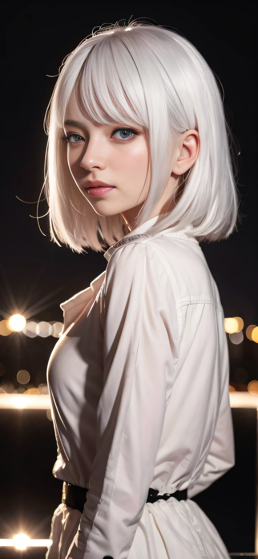 1girll, star eye, Blush, lighting perfect, White hair, The eye, illusory engine, side-lighting, Detailed face, bangs, Bright Skin, Background of the city, Dark background,Petite