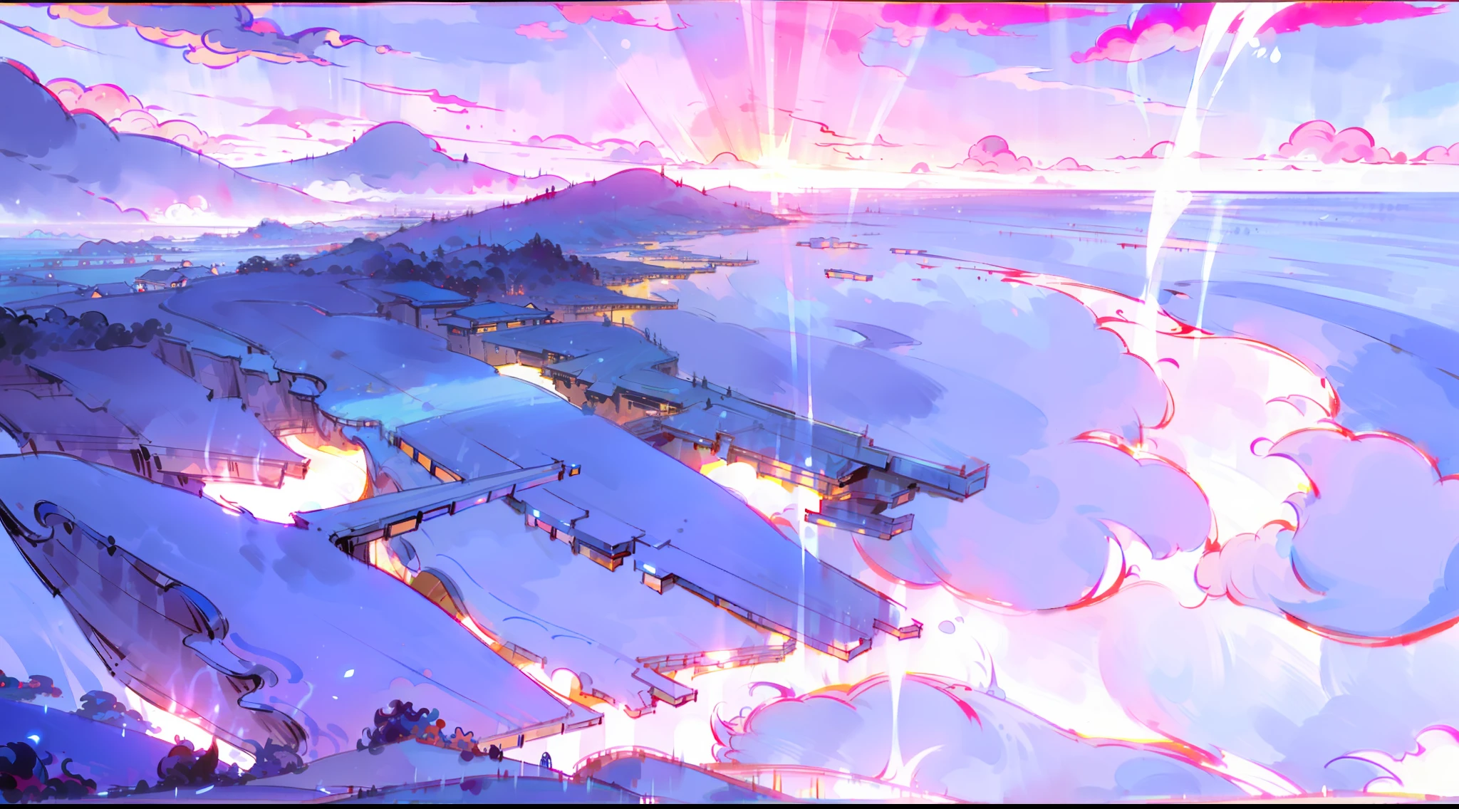 A surreal masterpiece,It presents a beautiful and spectacular view of dusk,The sea forms the background,Accompanied by colorful sunsets and fantastic sky reflections。The beautiful sky blends in with the colors of the sea,It's like a flame。This 8K picture creates a fantastic atmosphere,Colorful clouds are suspended in it,Create surreal visual experiences。