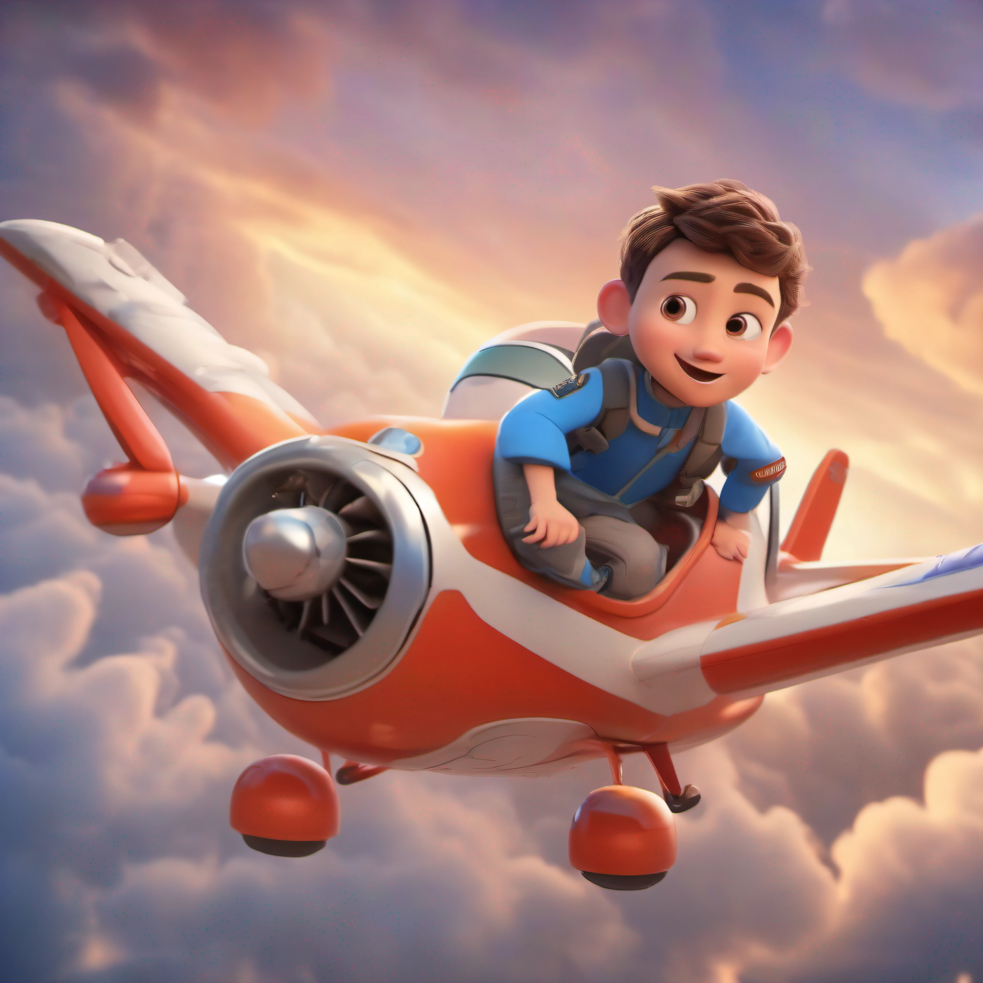 A super cute boy is flying a plane，Disney Pixar style，8K 3D style，Wearing a very cool flight suit，Lyco Art，Sky air conditioning color swatch，I can't believe how beautiful this is，cartoon character，RTX is on，soft focus，Original photography，best qualtiy，Super detailed facial features，high detal