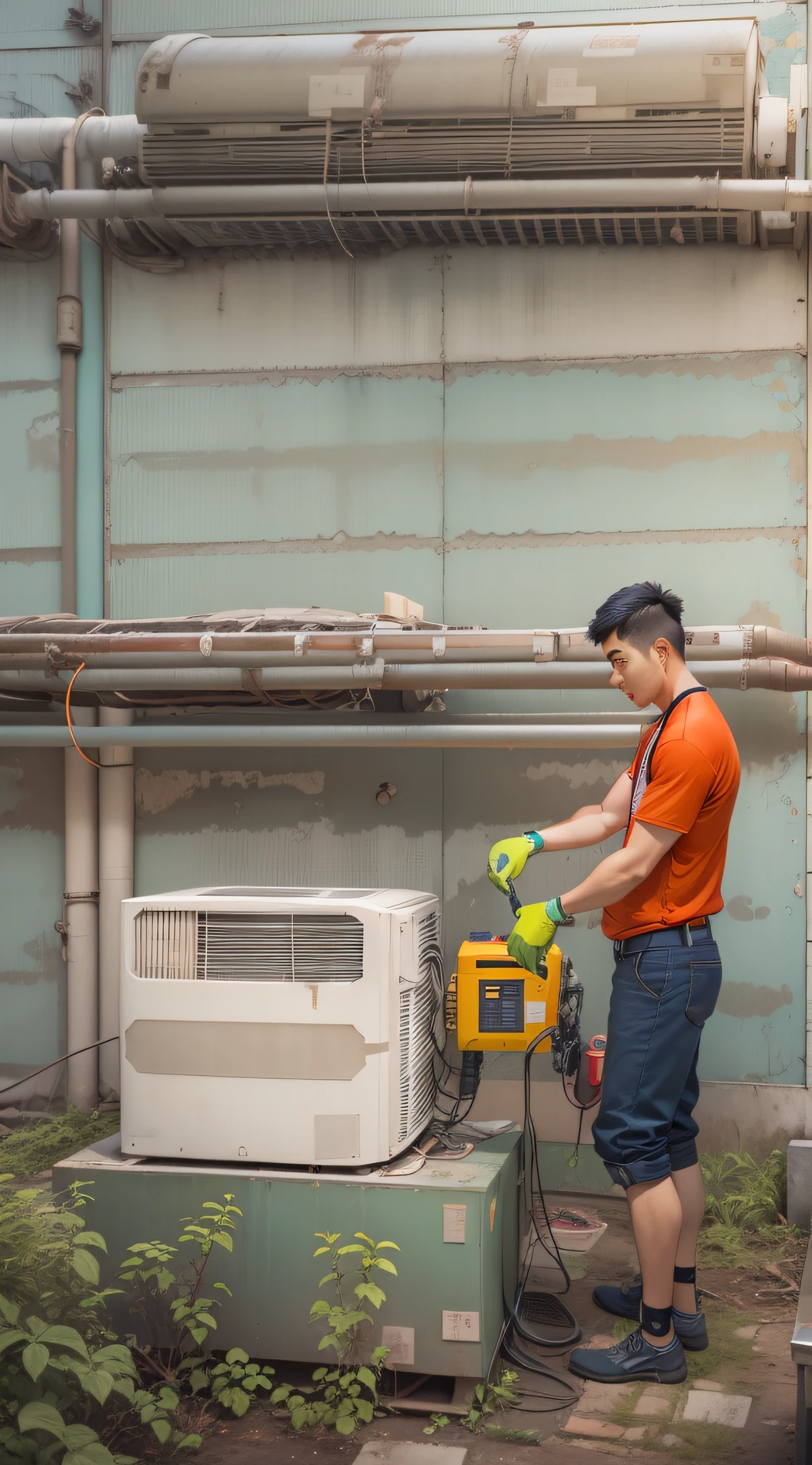 Engineers repair air conditioning units outdoors, Wear a red short-sleeved top, maintenance photo, air conditioner, Maintenance, highly technical, Under repair, 夏天, suns, Asian people, Handsome, Short-sleeved clothes