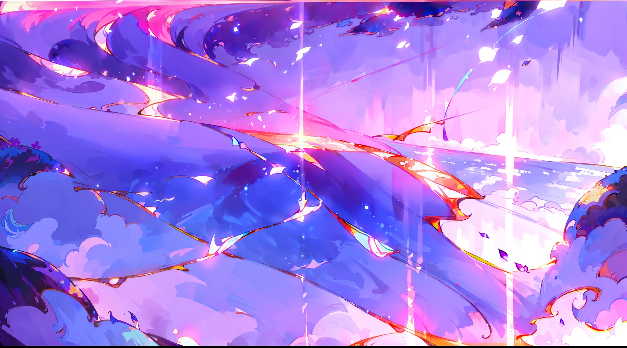 A surreal masterpiece，It presents a beautiful and spectacular view of dusk，The sea forms the background，many shooting star，Accompanied by colorful sunsets and fantastic sky reflections。The beautiful sky blends in with the colors of the sea，It's like a flame。This 8K picture creates a fantastic atmosphere，Colorful clouds are suspended in it，Create surreal visual experiences。