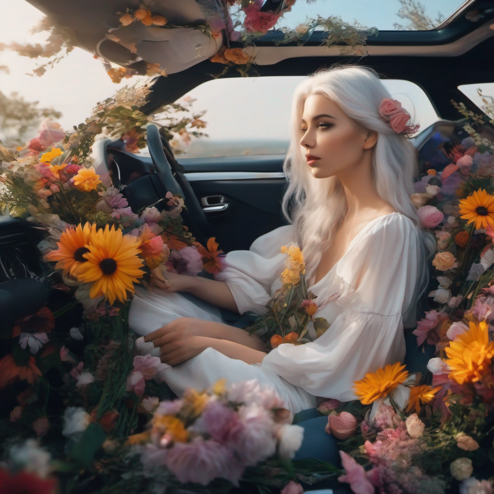 A girl with white hair sitting in car filled withflowers,There is art,in the style ofnaturalistic poses,youthfulenergy,body extensions,flowersin the sky,super detailing,Fantastic Loepfe photography,Colourful,Covered with flowers and vines,Inner view,3:4,4K。