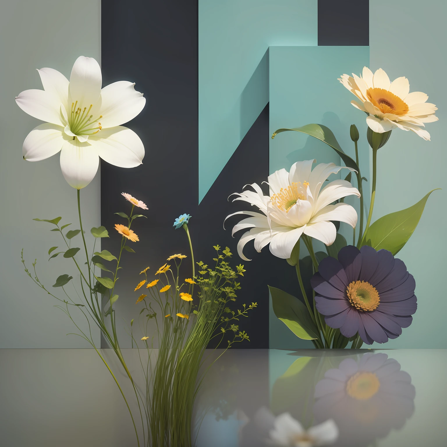 [(​masterpiece, Planar configuration, Modern, Contemporary art, Graphic Design)], [(Composition with depth, Floral motifs spaced across the screen, Vertical green stems, lily flowers, gerbera)], [(Light blue-gray solid color background)], Mondrian configuration