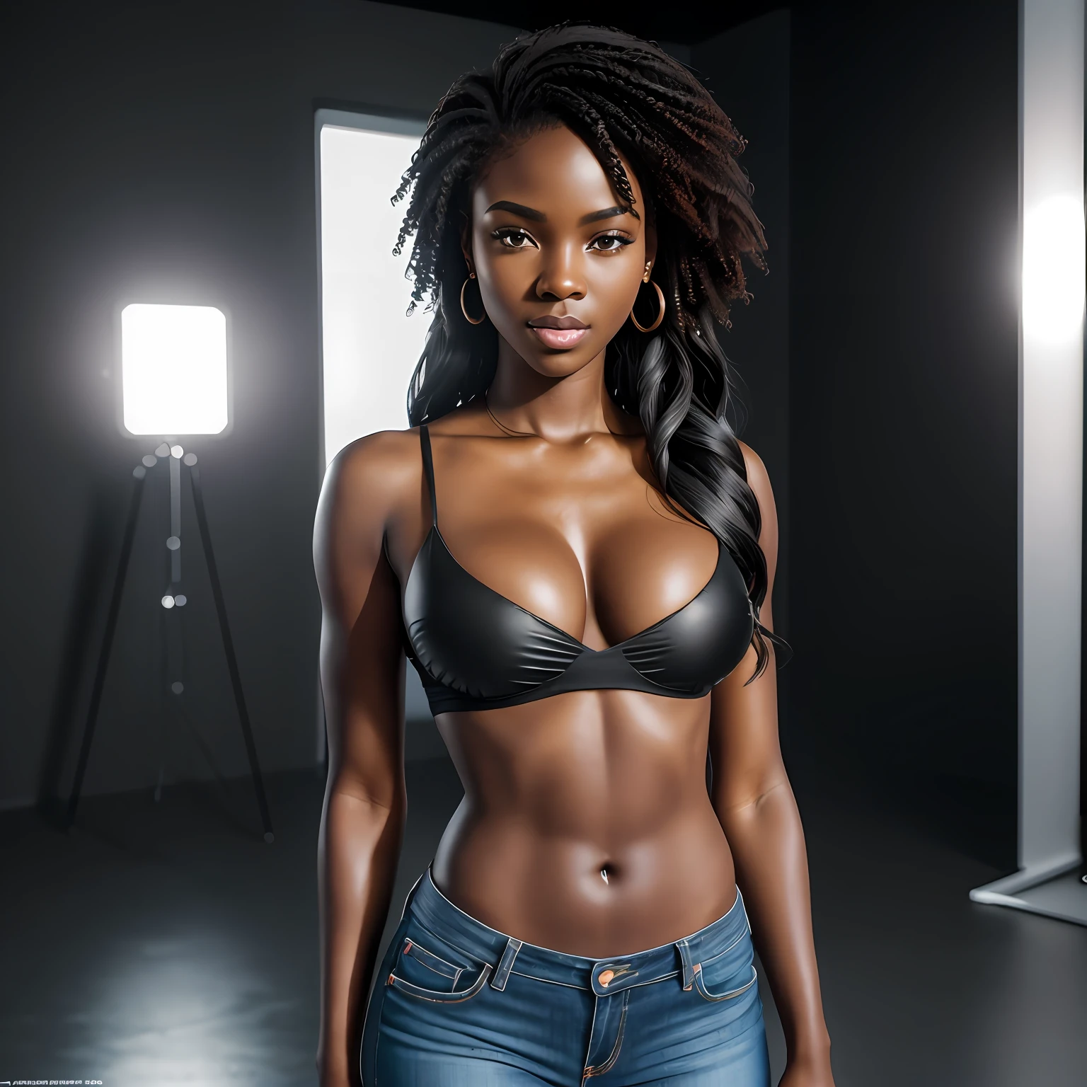 Full face portrait photo of a 25-year-old African girl, RAW, beautiful black woman, semi-open strawberry lips, dimples, wistful look, (extra long wavy black hair), ((detailed face)), ((detailed facial features)), (finely detailed skin), supple skin, (deep neckline detailed high fashion dress), ethereal megacity environment, (cool colors), damp, damp, reflections, (masterpiece) (perfect proportion)(realistic photo) (best quality) (detailed) shot on a Canon EOS R5, 50mm lens, F/2.8, HDR, (8k) (wallpaper) (cinematic lighting) (dramatic lighting) (sharp focus) (intricate), RAW photo, RAW photo, gigachad photo, posing for camera, black jeans, arms back, 8k uhd, dslr, high quality, film grain, Fujifilm XT3, extremely detailed, photorealistic, realistic, incredibly absurd, highly detailed, Sharp focus, (Professional Studio Lighting), (Professional Color Grading), Edge Lighting, Dramatic lighting, Cinematic lighting, Lumen reflections, Soft natural lighting, Soft color, Photon mapping, Radiosity, (Beautiful eyes), (Detailed eyes), (Detailed face), symmetrical eyes, sharp eyes, cold face, full body, thin waist, beautiful and sexy black woman, perfect hips, (gym), immensely attractive, extremely attractive, flirtatious and playful, hyperrealism, trend in artstation, polished, beautiful, radiant, synesthesia, vibrant, unreal motor 5