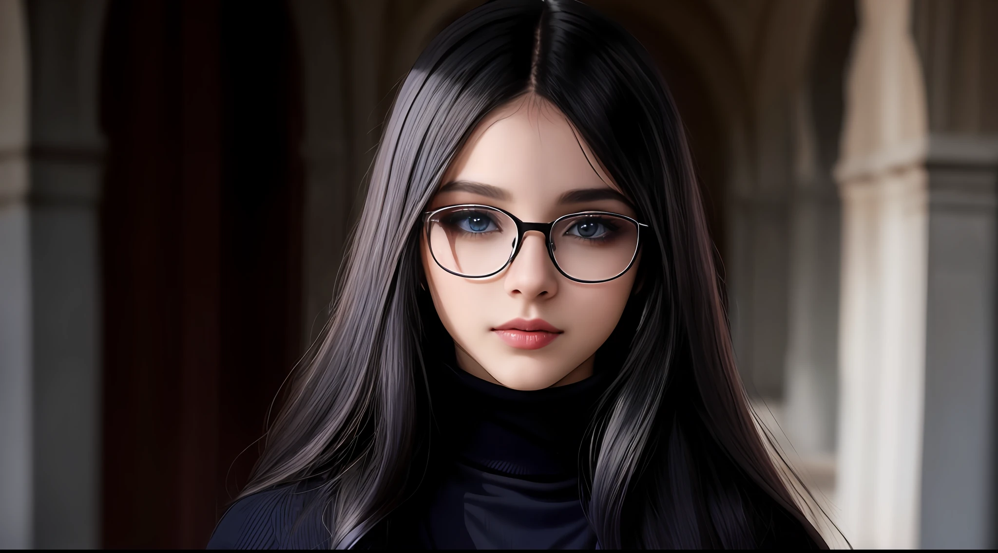 menina de 16 anos caucasiana de olho azul, cabelos negros curtos, wearing dracula type turtleneck wearing glasses