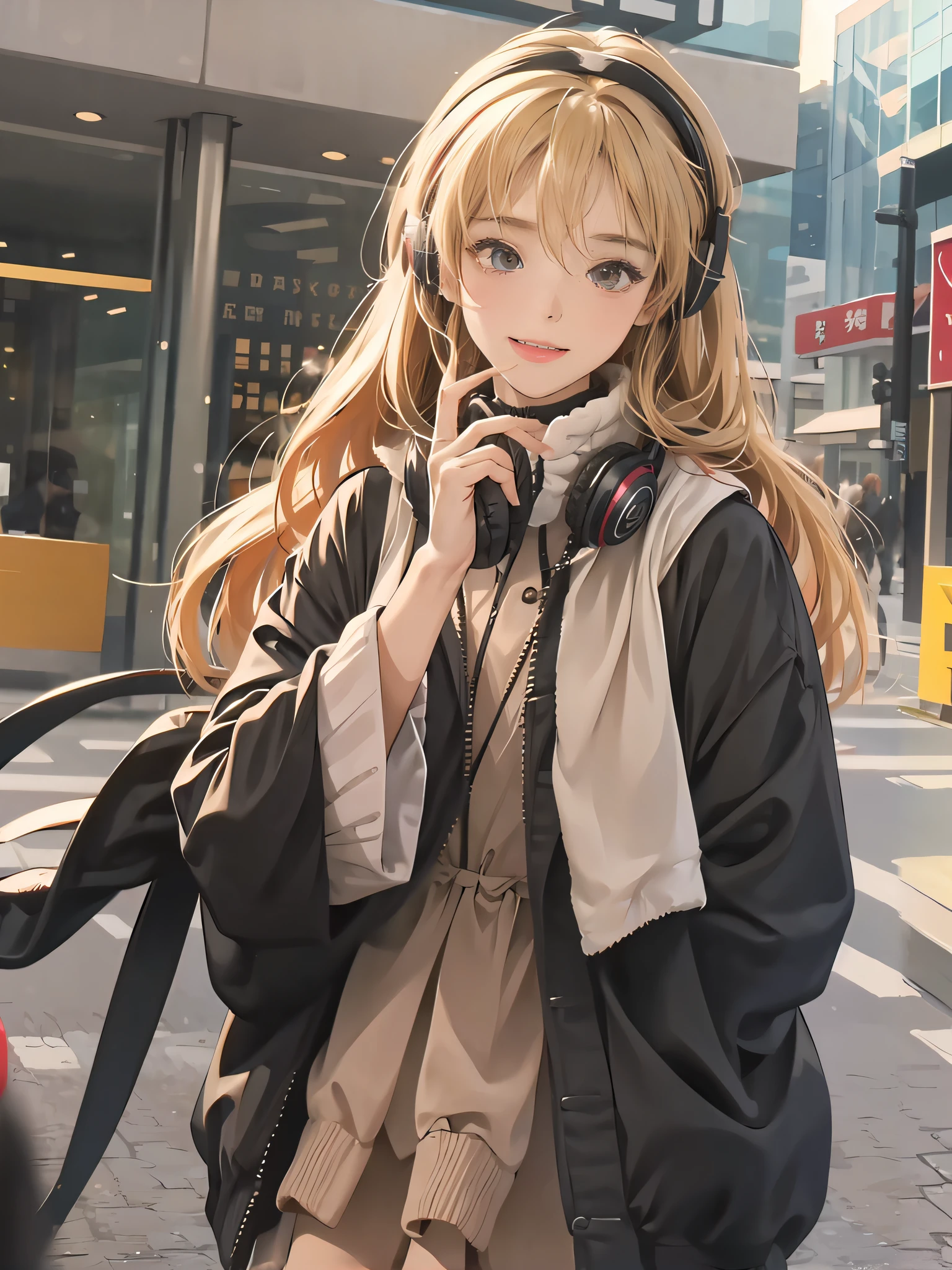 Anime girl walking down street wearing headphones, Guviz-style artwork, Cute anime girl, attractive anime girls, Blonde anime girl with long hair, Anime style. 8K, Anime girl with long hair, pretty anime girl, portrait anime girl, Beautiful anime girl, a beautiful anime portrait, up of young anime girl, style of anime4 K, An anime girl