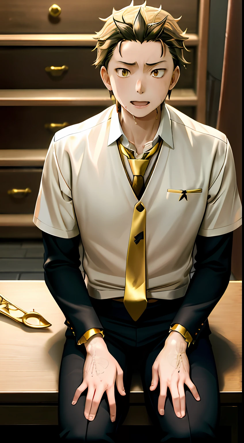 A high resolution， Sharp focus， Pixiv masterpiece， （（Complicated details））， highly  detailed， natsuki_subaru， 1 man， with her mouth open，full bodyesbian，sit astride， Golden eyes（eyes glowing）， blond hairbl， The shirt，Drenched，Gold tie，trousers，thongs，perspire，look from down