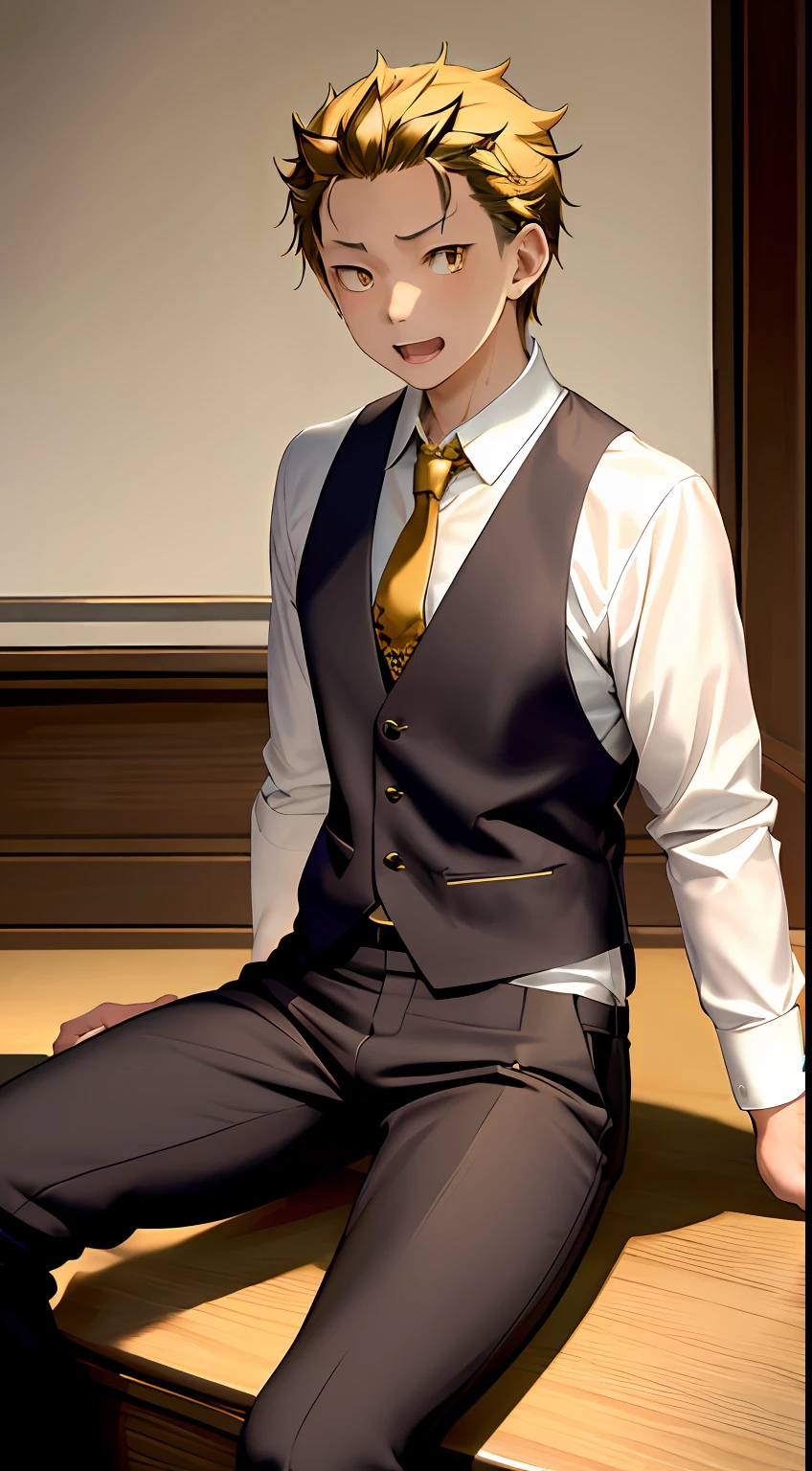 A high resolution, Sharp focus, Pixiv masterpiece, ((Complicated details)), highly detailed, natsuki_subaru, 1 man, with her mouth open,full bodyesbian,sit astride, Golden eyes(eyes glowing), blond hairbl, The shirt,Drenched,Gold tie,trousers,thongs,perspire,look from down