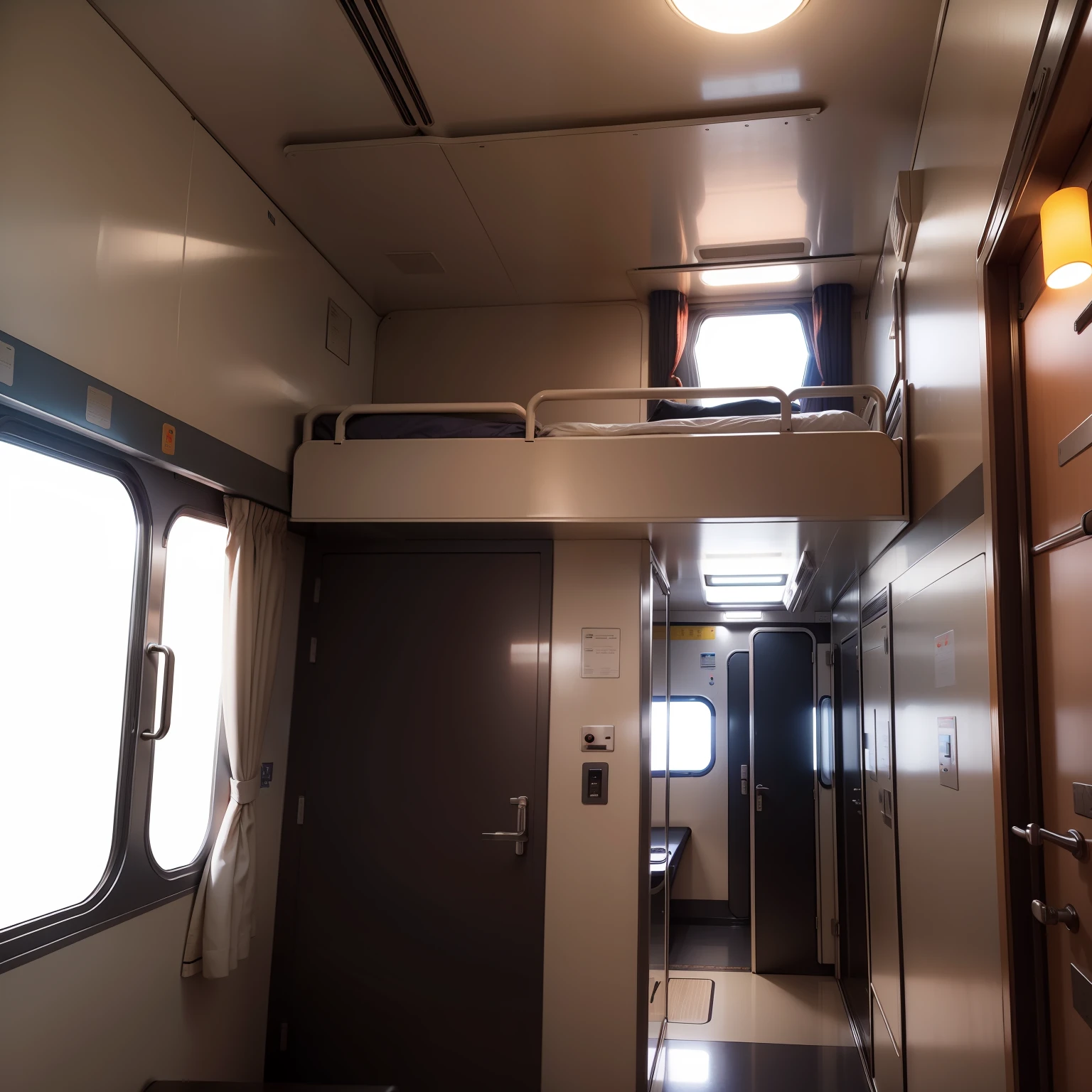 There is a picture of a bunk bed on it, capsule hotel, 2 0 2 2 photo, Train,Sleeper,cold shades,By the window