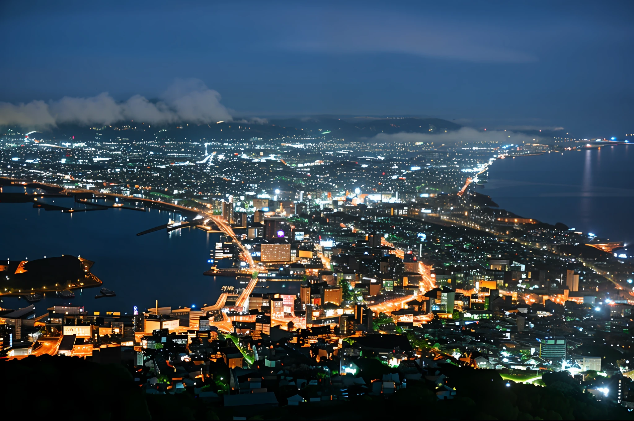 Alafed view of city at night with lake and city, japanese city at night, Japan at night, beautiful iwakura, during night!!, Night view, illuminating the area, during night!, kanagawa prefecture, City at night, high-level image quality", night life, during night, night shot, japanese city, full - view, Nagasaki, breath taking