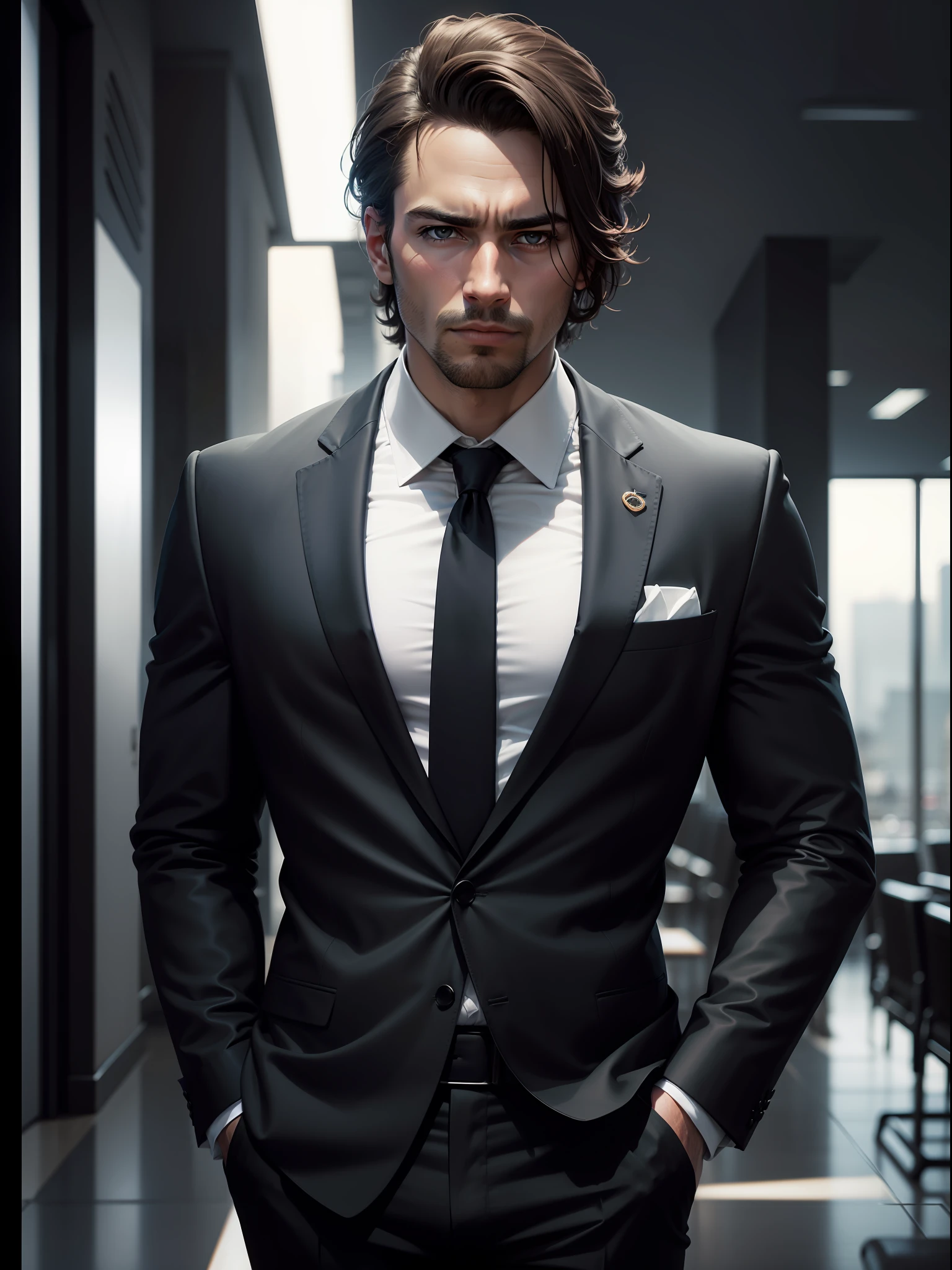 businessman style, de terno preto, He's looking at the camera, UHD, Realistic, 8K