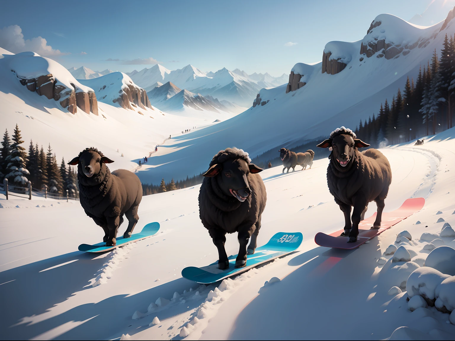 Children's book illustration.
Joyful Black sheeps doing snowboard in a snowy mountain. Whimsical, happy, fun.