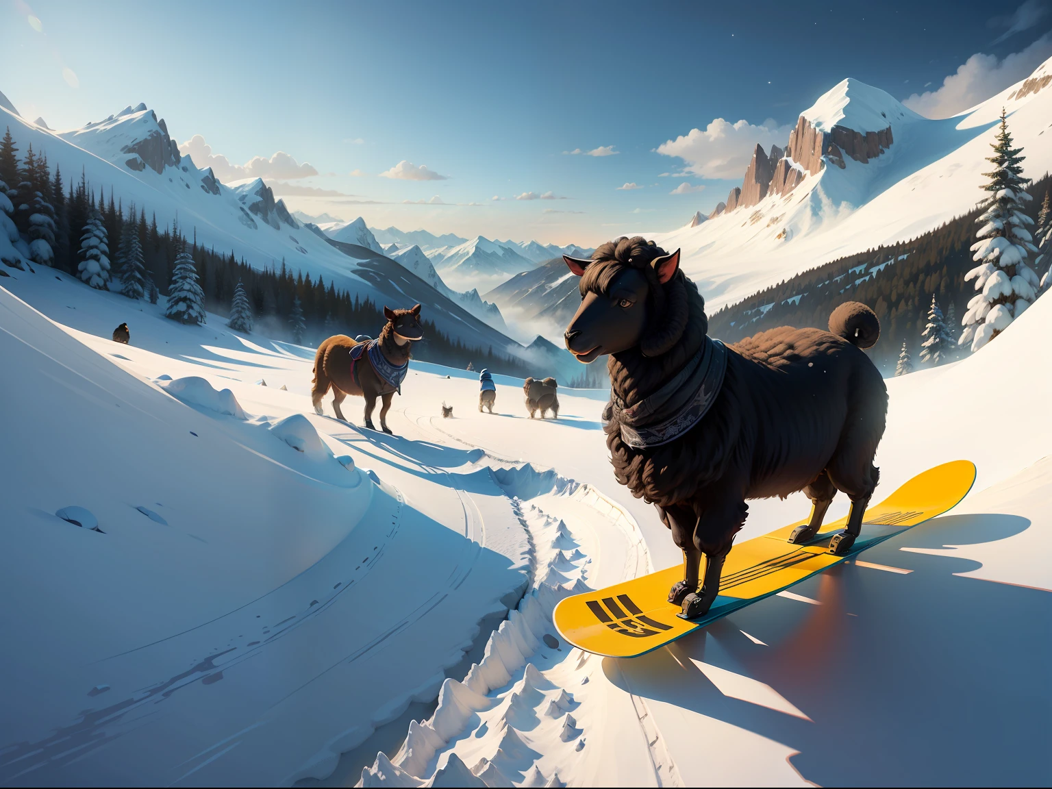 Children's book illustration.
Joyful Black sheeps doing snowboard in a snowy mountain. Whimsical, happy, fun.