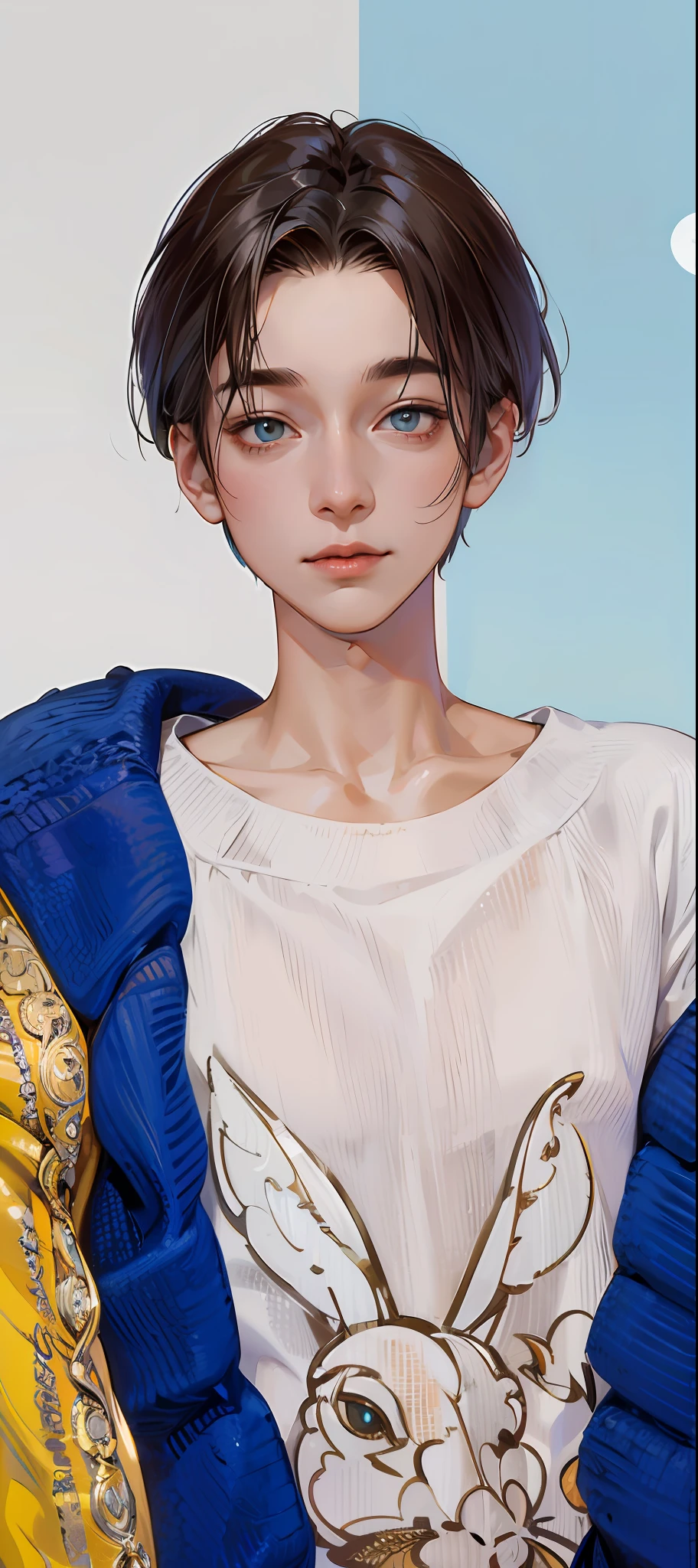 (absurdres, highres, ultra detailed, HDR), masterpiece, best quality, 1boy, handsome, short hair, finely eye and detailed face, (white t-shirt), (jean jacket), dimple, forehead, night street, night city, midnight, selfie shot, light smile