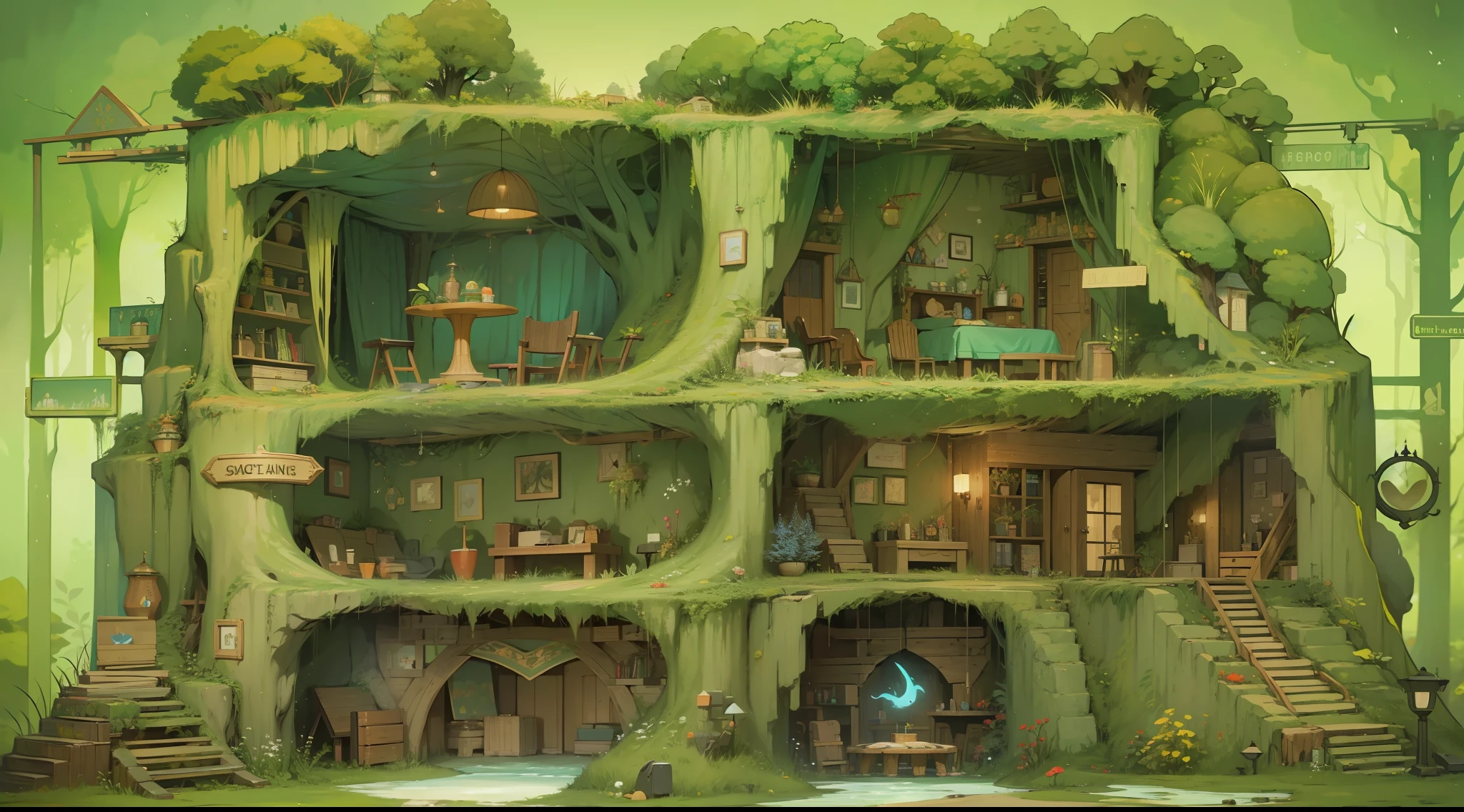 Terrain profile，forest theme，underground cave，The different rooms are neatly arranged，Brian Kessinger，cartoonish style，（dream magical，Conceptual digital art，（The is very detailed，reasonable design，Clear lines，High clarity，The best quality，tmasterpiece，4K）
