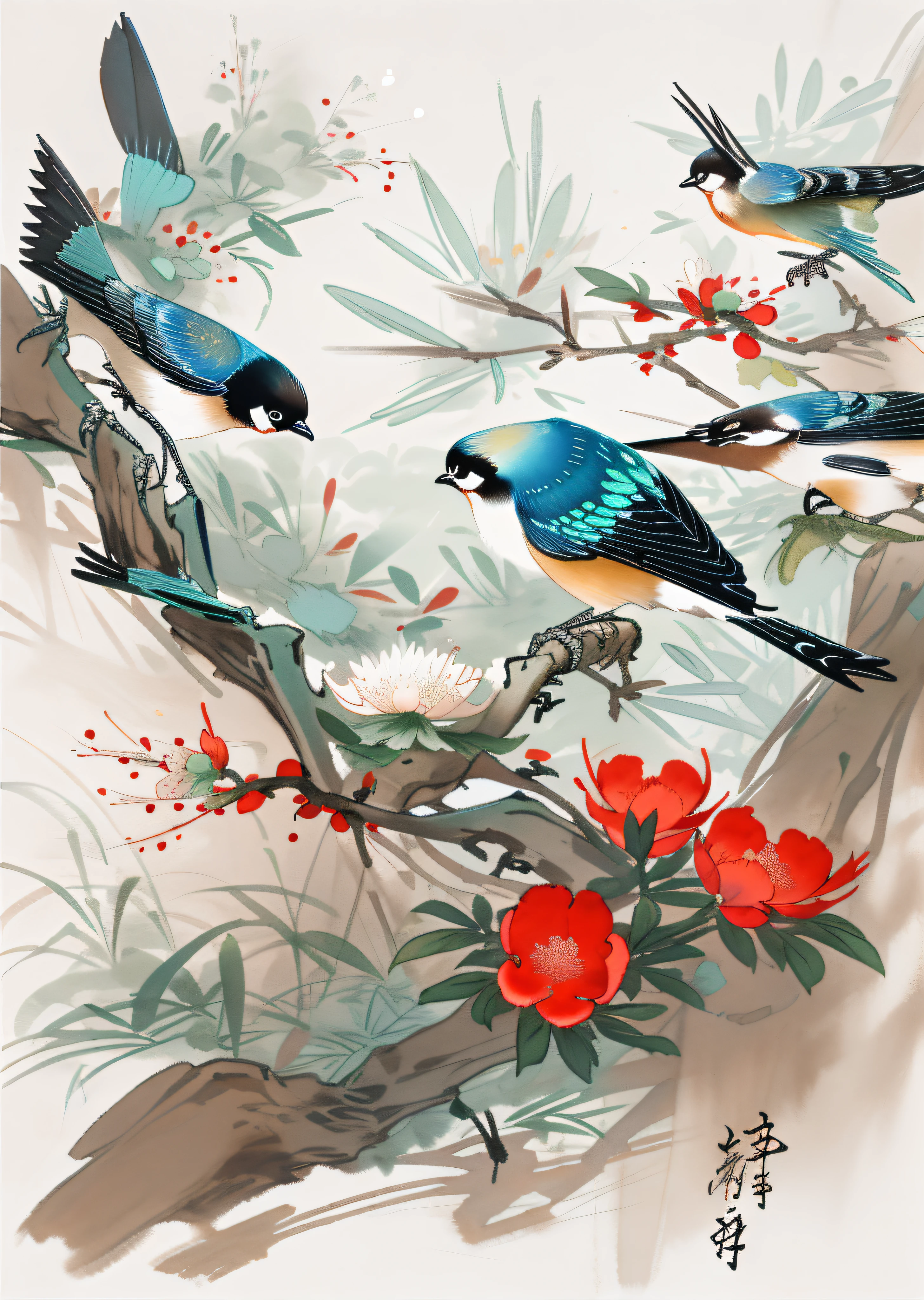 Flowers and birds, [(white background:1.5)::5], medium view, full body, chinoiserie, flowers, stone fragments, beautiful and delicate water, wood grain floor,