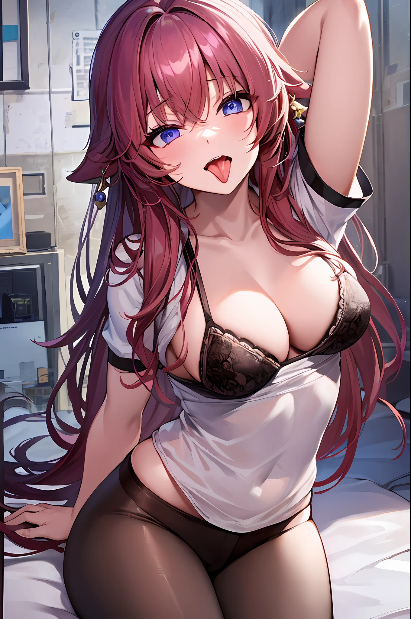 ((masterpiece, best quality)),8k,indoor ,1yae miko,mouth_hold,(white shirt:1.2) ,looking at viewer,slim waist,black bra, use pantyhose, open mouth, stick out her tongue out at viewers