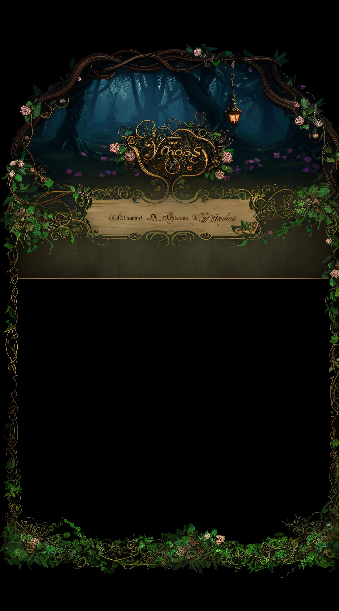 Close-up of wooden frame with vines and flowers, Treasure chests，game overlay, dark forest background, elf forest background, Dark Forest theme, Dark fantasy background, fantasy tavern background, dungeon background, dark nature background, ,Background ( Dark _ smokiness ),  forest backgrou, ornate border + concept-art