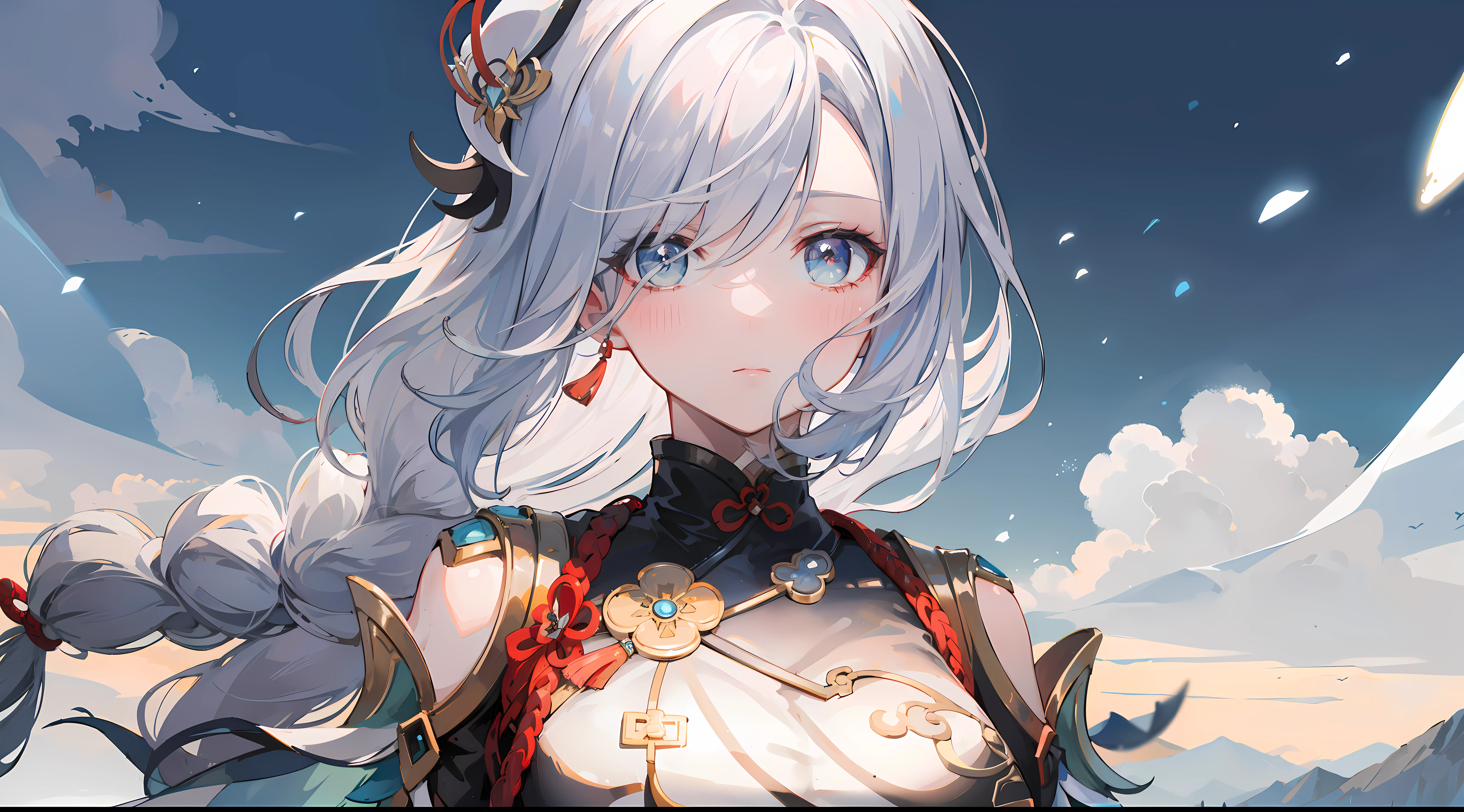 shenhedef, upper body, seductive look, blush, outdoors, snowflake scenery, looking at viewer, mountain, moody lighting, (perfect detail eyes:1.2), glowing eyes, (long hair one braid:1.2), elemental skill effect, (Masterpiece, Best Quality, High Quality:1.4), professional artwork, Intricate Details, field of view, sharp focus, detailed painting, photorealistic lighting, trending on pixiv, (vivid lighting, vibrant colors:1.05), realistic shadows, ambient occlusion