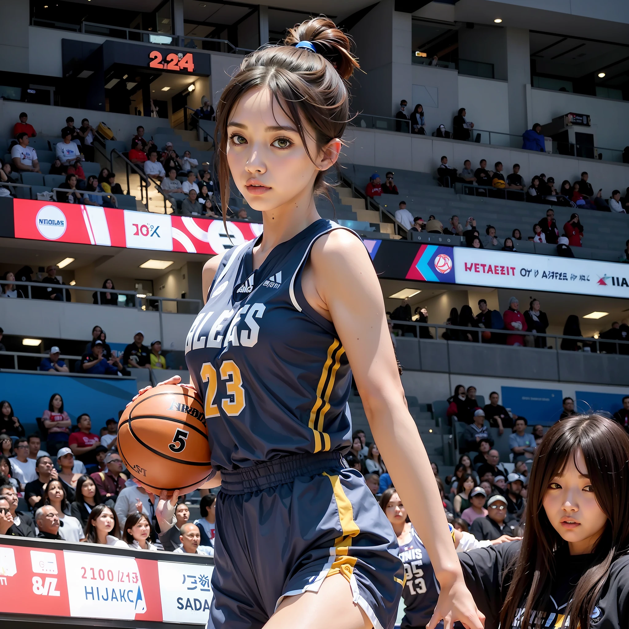 araffe woman in a blue uniform holding a basketball ball in front of a crowd, wearing basketball jersey, wearing nba jersey, shot on nikon z9, shot with canon eoa 6 d mark ii, lee ji - eun, lee ji-eun, japanese model, jaeyeon nam, 奈良美智, heonhwa choe
