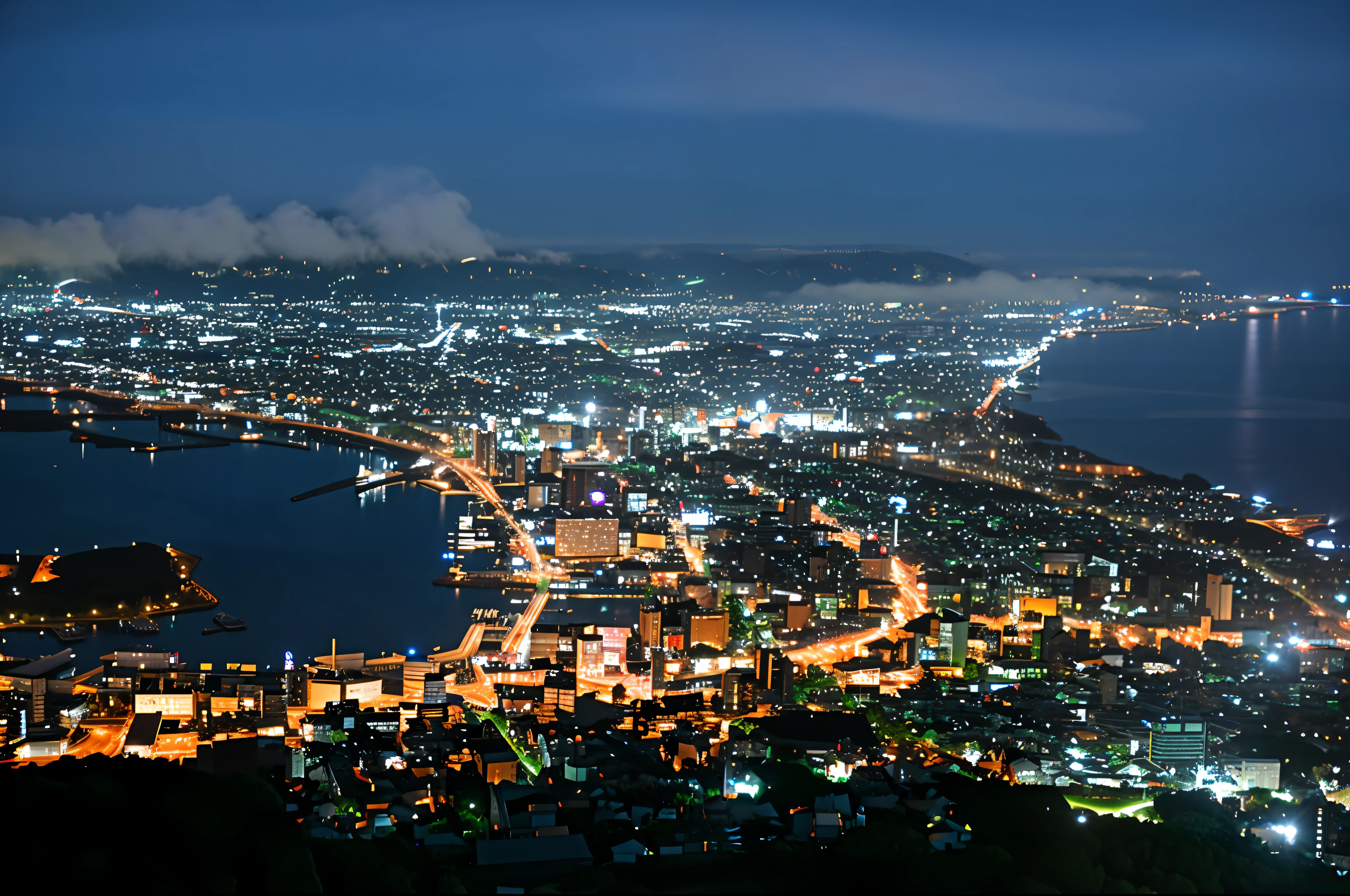 Alafed view of city at night with lake and city, japanese city at night, Japan at night, beautiful iwakura, during night!!, Night view, illuminating the area, during night!, kanagawa prefecture, City at night, high-level image quality", night life, during night, night shot, japanese city, full - view, Nagasaki, breath taking