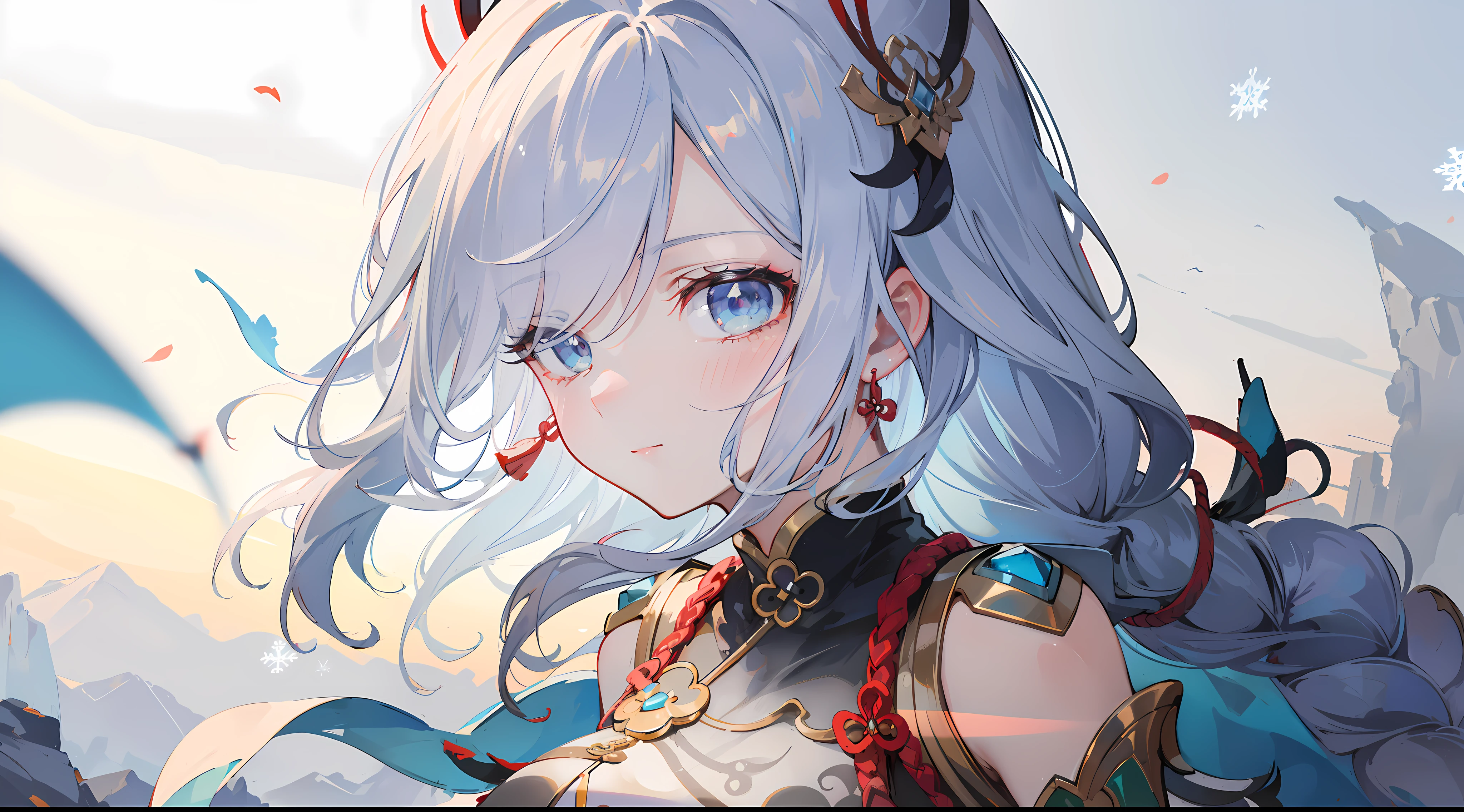 shenhedef, upper body, seductive look, blush, outdoors, snowflake scenery, looking at viewer, mountain, moody lighting, (perfect detail eyes:1.2), glowing eyes, (long hair one braid:1.2), elemental skill effect, (Masterpiece, Best Quality, High Quality:1.4), professional artwork, Intricate Details, field of view, sharp focus, detailed painting, photorealistic lighting, trending on pixiv, (vivid lighting, vibrant colors:1.05), realistic shadows, ambient occlusion