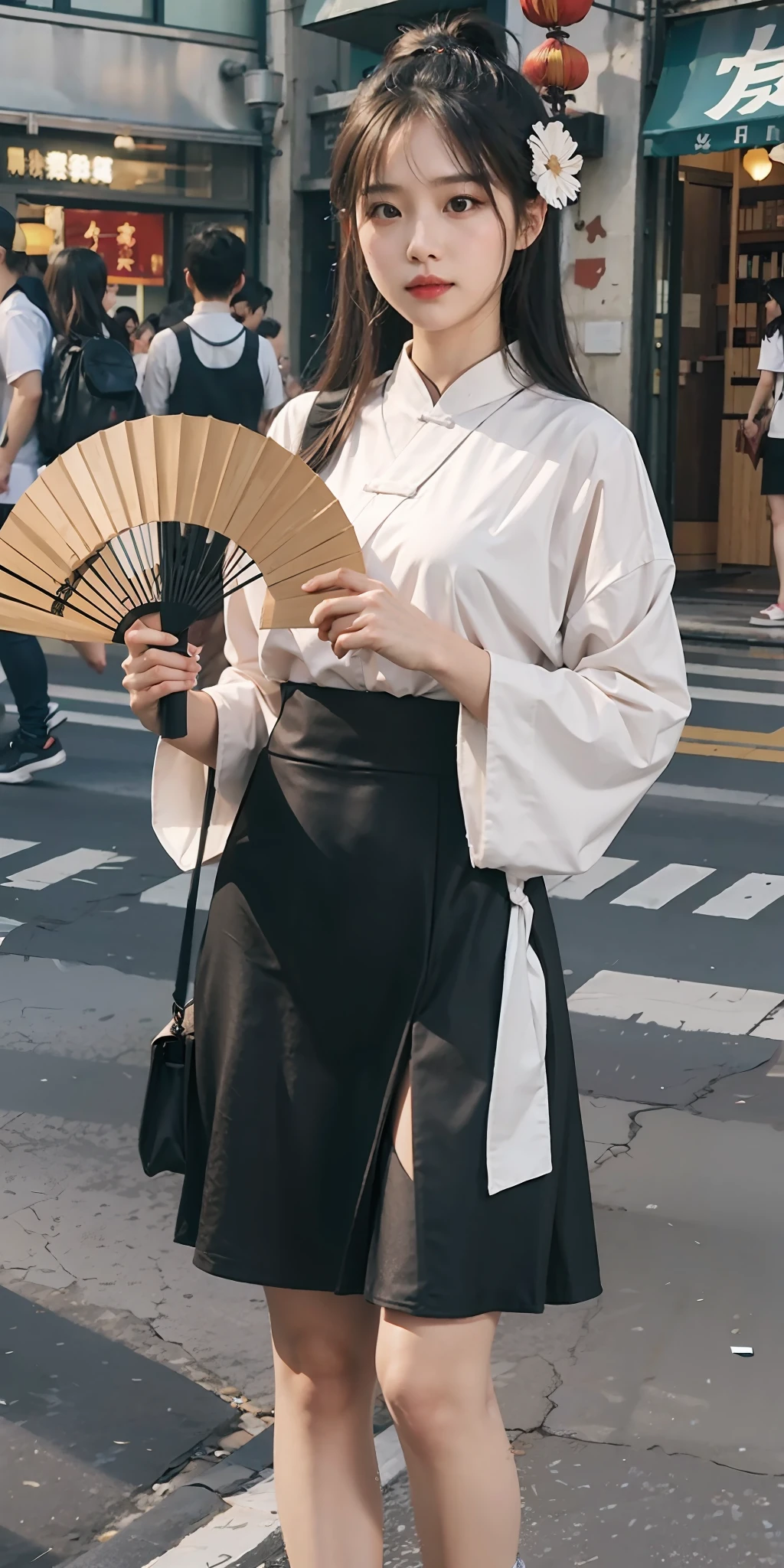 One was wearing a white shirt，Girl in black dress，Stand on the streets of Chinese style，Holding a traditional Chinese fan in his hand。