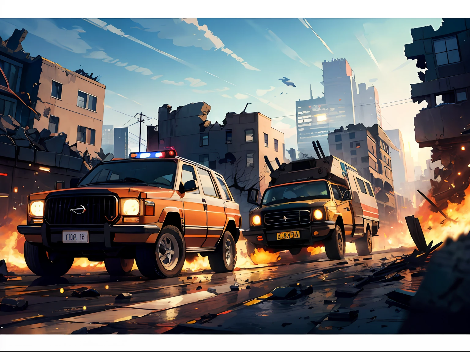 Ultra-clear,Optimal image,Fine illustration,Fully armed convoy,Drive through ruined cities,In the crossfire