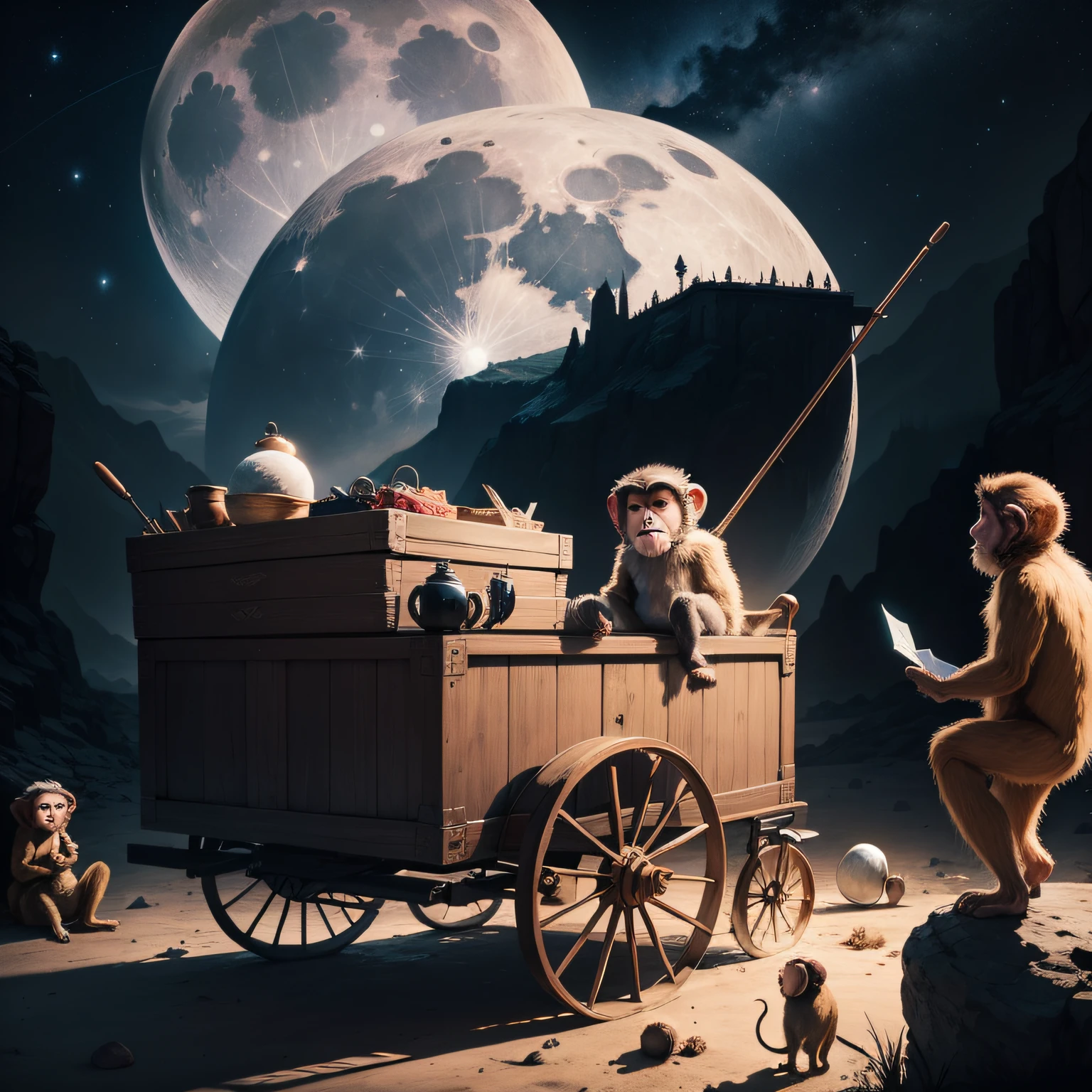 Moon,music instrument,monkeys,starrysky,cart,