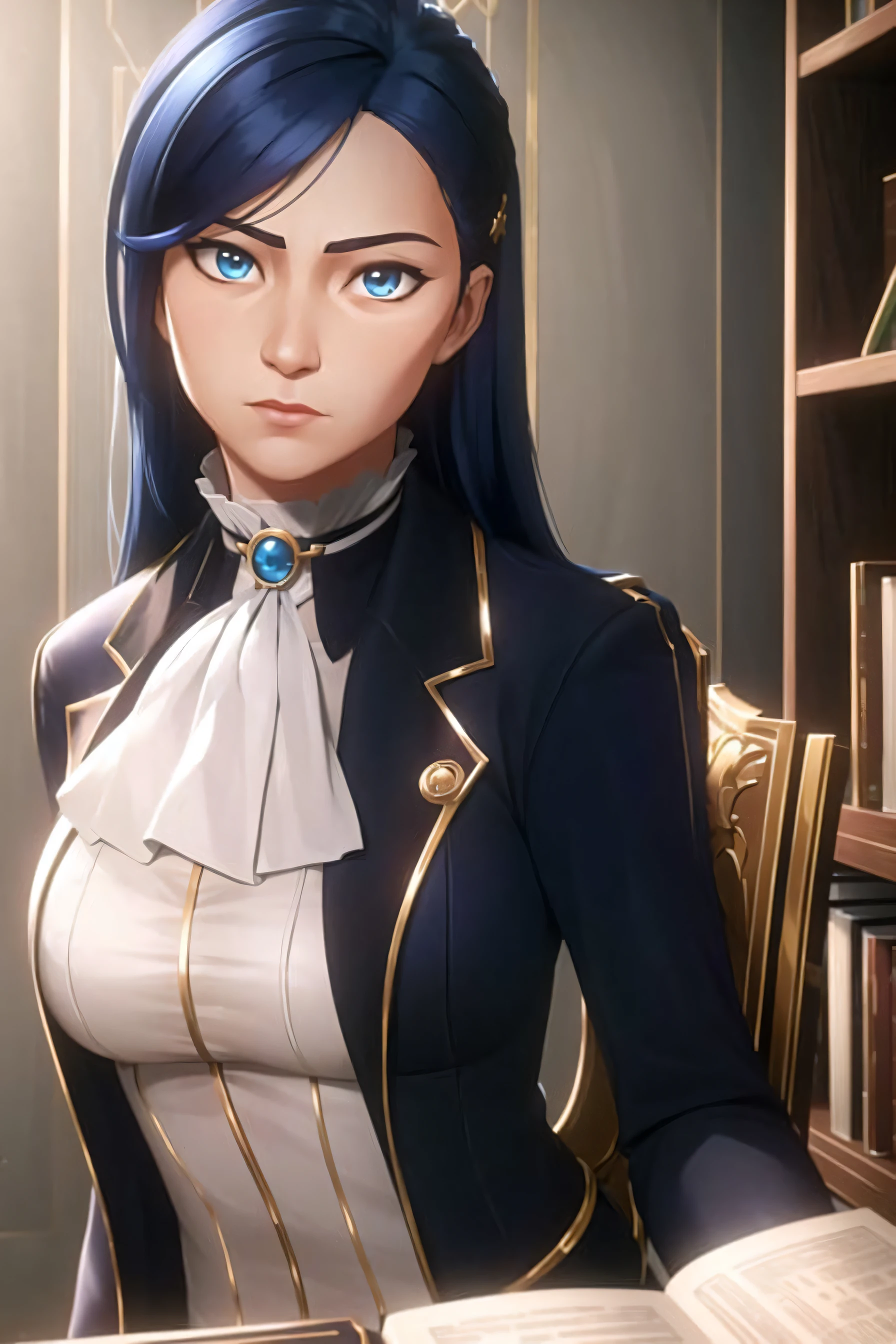 arcane style,
1girl, solo, long hair, bangs, letterboxed, book, closed mouth, blue eyes, ascot, holding, jacket, shiny hair, blue hair, upper body, looking at viewer, holding book, shiny, indoors, white ascot, brooch, asymmetrical bangs
, ((masterpiece))