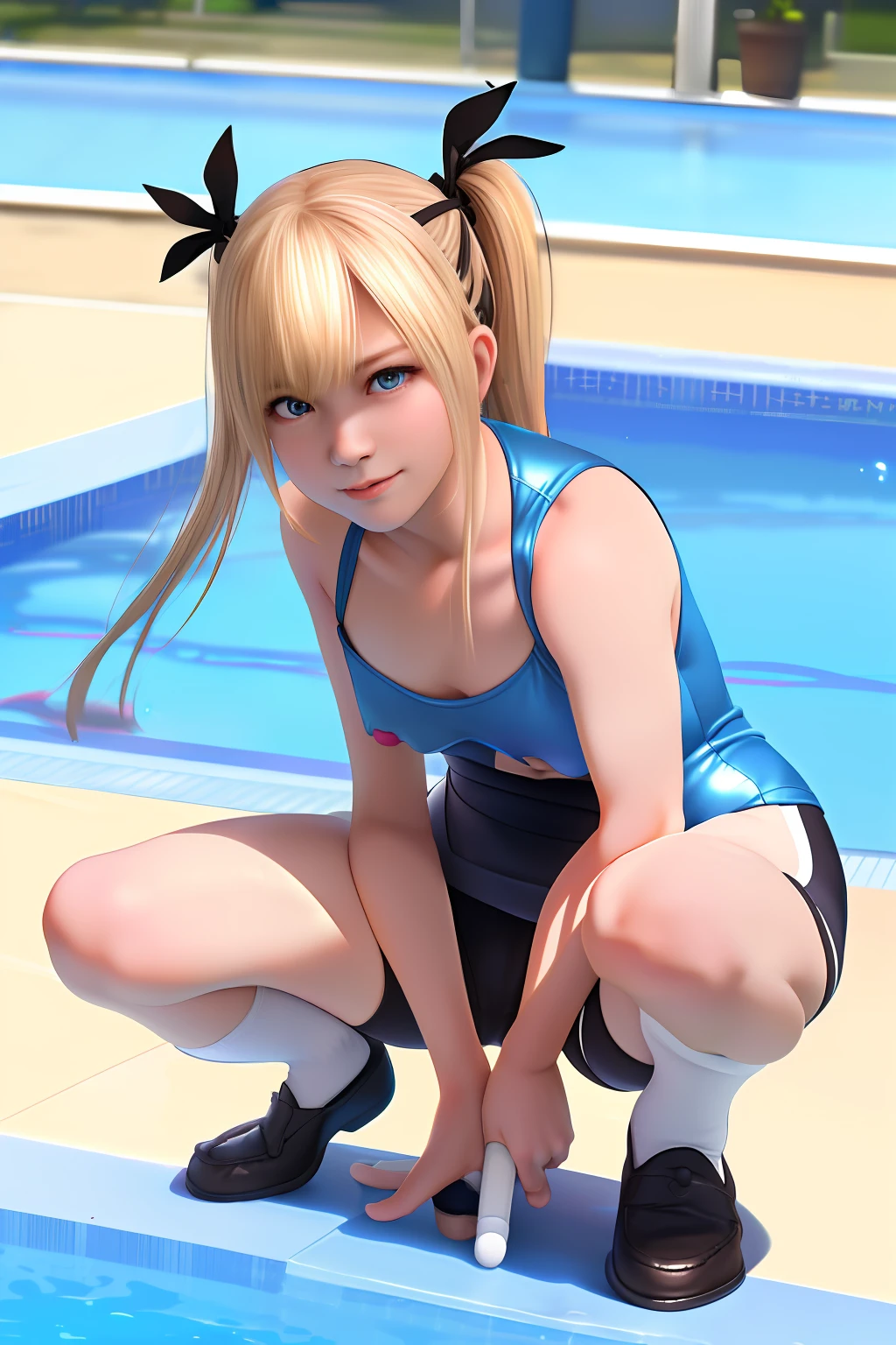 Top image quality、8K picture quality、hightquality、Detailed picture、1girll、独奏、full body Esbian、Marie Rose、Twin-tailed、A smile、Embarrassing、red blush、small plump breasts、small tits、(protrusion at the tip of the chest:1.6)、(Slender body))、(Nipple sheer:1.5)、((Shiny Blue Metallic))、((Sleeveless))、((High neck competitive swimsuit:1.2))、(highleg:1.3)、(Stick hard into the crotch)、(Hard hollow in the crotch:1.3)、((Squatting on the ground))、(((Open your crotch wide from side to side:1.2)))、(Opening legs:1.2)、(Arms behind your head:1.3)、(Show off your armpits:1.2)、((Black High Socks:1.3))、((Brown loafers:1.3))、(gazing at viewer)、(Facing the viewer)、(Keep your feet open to your audience)、(white thighhig)、in poolside、profetional lighting、Frontal shot
