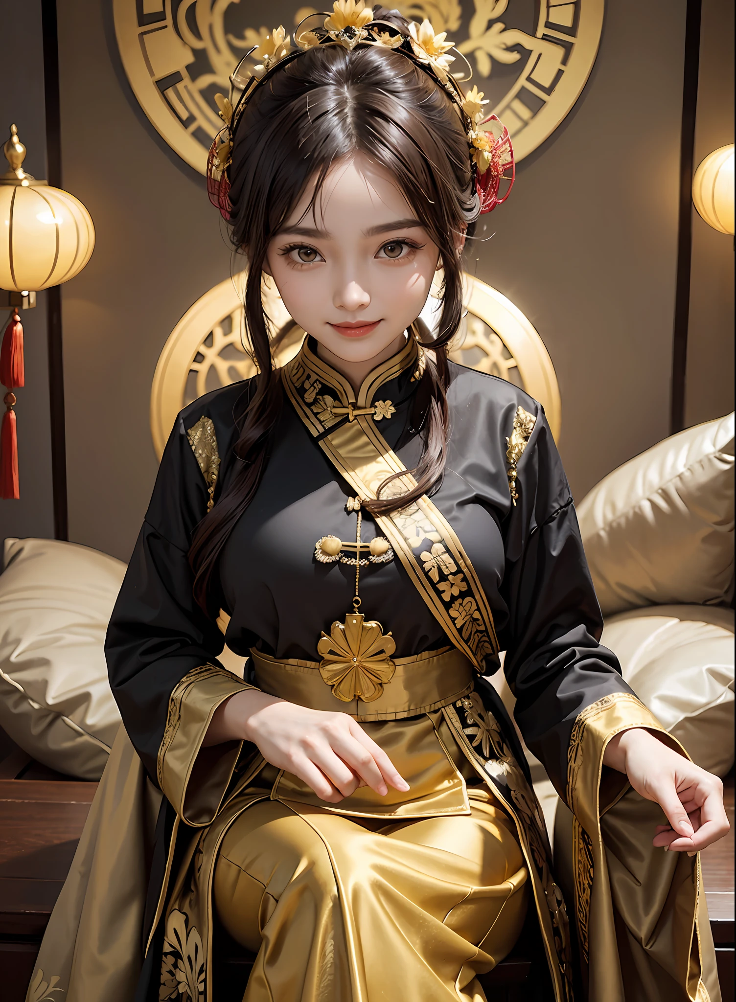 golden colored,Chinese palaces,1Blittle girl,Lily,ponytails,brunette color hair,By bangs,Chinese long skirt,flower,35-year-old female model,queen mother,Phoenix crown,Smile,