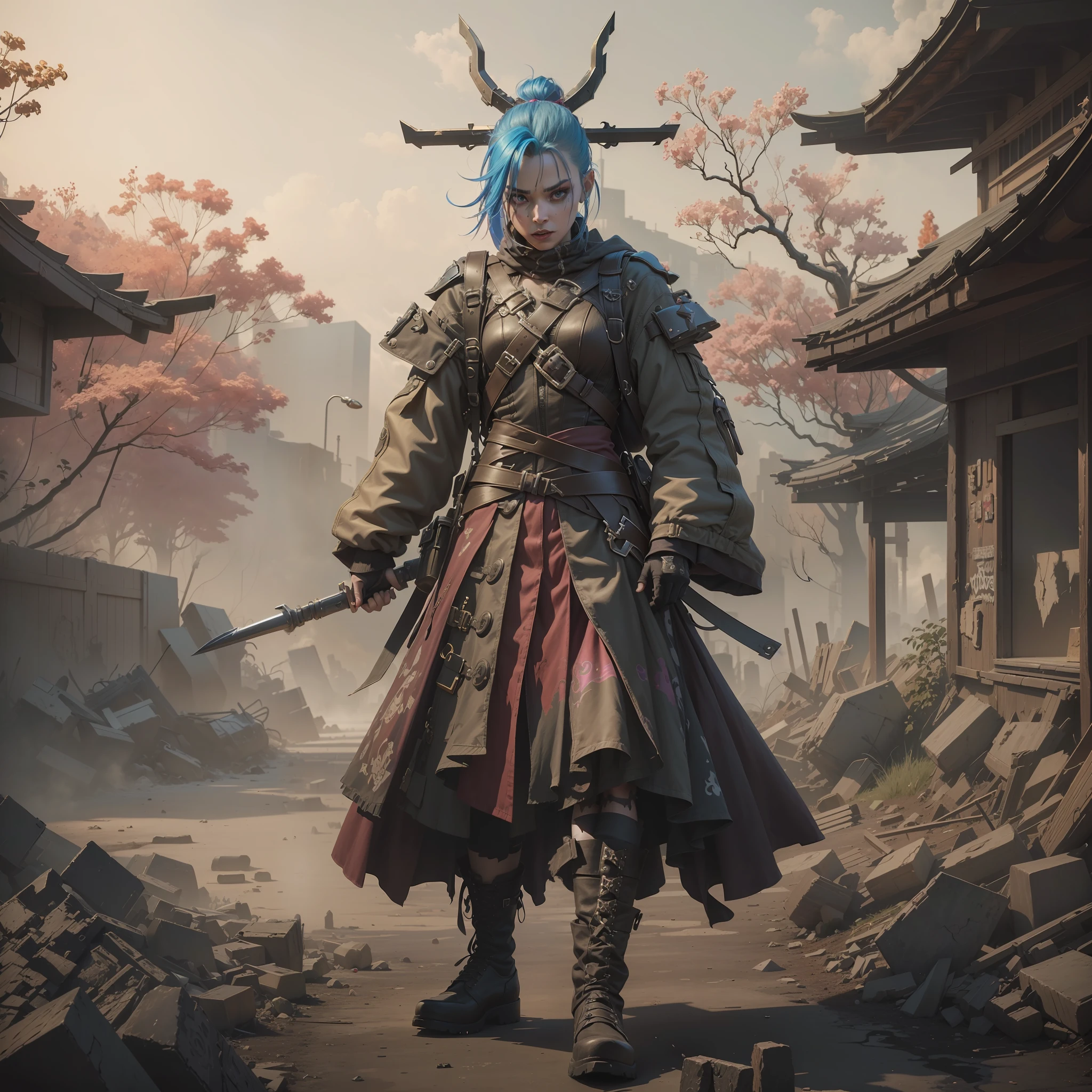 ((Best quality)), ((masterpiece)), (highly detailed:1.3), 3D, arcane style,In the dark and courageous dystopian city of Piltover, plagued by violence and divided into two opposing factions, a young prodigy named Jinx emerges. Having endured unimaginable loss and abandonment, she embraced a life of chaos and destruction. Known for her inventive and explosive abilities, Jinx becomes an icon of rebellion against the oppressive forces that control the city. However, haunted by guilt and battling inner demons, she must confront her past and decide whether to continue on the path of anarchy or seek redemption amid the turmoil. Explore Jinx's journey as she navigates a treacherous world, fighting for survival, unlocking secrets, and discovering the true meaning of her twisted existence, chaos reigns supreme, and at the center of it all is Jinx, the embodiment of unpredictability. Delve deep into Jinx's twisted mind, exploring the origins of his madness and the driving force behind his destructive nature. Unravel the moments that shaped her into the crazed, iconic character we know. Take us on a wild journey through the vibrant streets of Piltover and the shadowy suburb of Zaun as Jinx wreaks havoc with his explosive arsenal. Can redemption find its way into Jinx's fractured soul? Or will she dance forever on the edge of sanity, embracing the chaos that fuels her very existence? Arcane's fate hangs in the balance as Jinx's path intertwines with unlikely allies and formidable enemies. Ignite your imagination and paint a vivid portrait of Jinx's distorted psyche, capturing the essence of her madness and the indomitable spirit that defines it, HDR (High Dynamic Range), Ray Tracing, NVIDIA RTX, Super-Resolution, Unreal 5, Subsurface Scattering, PBR Texturing, Post-processing, Anisotropic Filtering, Depth of Field, Maximum Clarity and Sharpness, Multit Textures