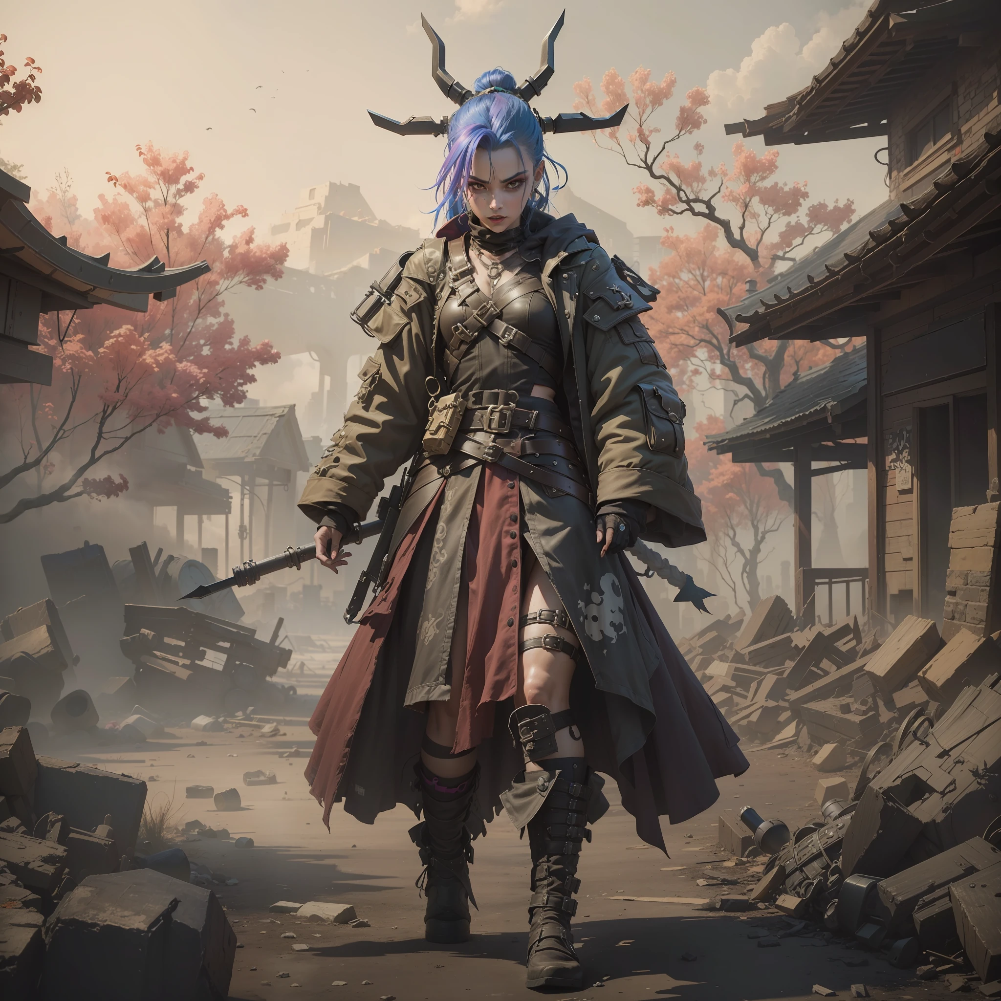 ((Best quality)), ((masterpiece)), (highly detailed:1.3), 3D, arcane style,In the dark and courageous dystopian city of Piltover, plagued by violence and divided into two opposing factions, a young prodigy named Jinx emerges. Having endured unimaginable loss and abandonment, she embraced a life of chaos and destruction. Known for her inventive and explosive abilities, Jinx becomes an icon of rebellion against the oppressive forces that control the city. However, haunted by guilt and battling inner demons, she must confront her past and decide whether to continue on the path of anarchy or seek redemption amid the turmoil. Explore Jinx's journey as she navigates a treacherous world, fighting for survival, unlocking secrets, and discovering the true meaning of her twisted existence, chaos reigns supreme, and at the center of it all is Jinx, the embodiment of unpredictability. Delve deep into Jinx's twisted mind, exploring the origins of his madness and the driving force behind his destructive nature. Unravel the moments that shaped her into the crazed, iconic character we know. Take us on a wild journey through the vibrant streets of Piltover and the shadowy suburb of Zaun as Jinx wreaks havoc with his explosive arsenal. Can redemption find its way into Jinx's fractured soul? Or will she dance forever on the edge of sanity, embracing the chaos that fuels her very existence? Arcane's fate hangs in the balance as Jinx's path intertwines with unlikely allies and formidable enemies. Ignite your imagination and paint a vivid portrait of Jinx's distorted psyche, capturing the essence of her madness and the indomitable spirit that defines it, HDR (High Dynamic Range), Ray Tracing, NVIDIA RTX, Super-Resolution, Unreal 5, Subsurface Scattering, PBR Texturing, Post-processing, Anisotropic Filtering, Depth of Field, Maximum Clarity and Sharpness, Multit Textures