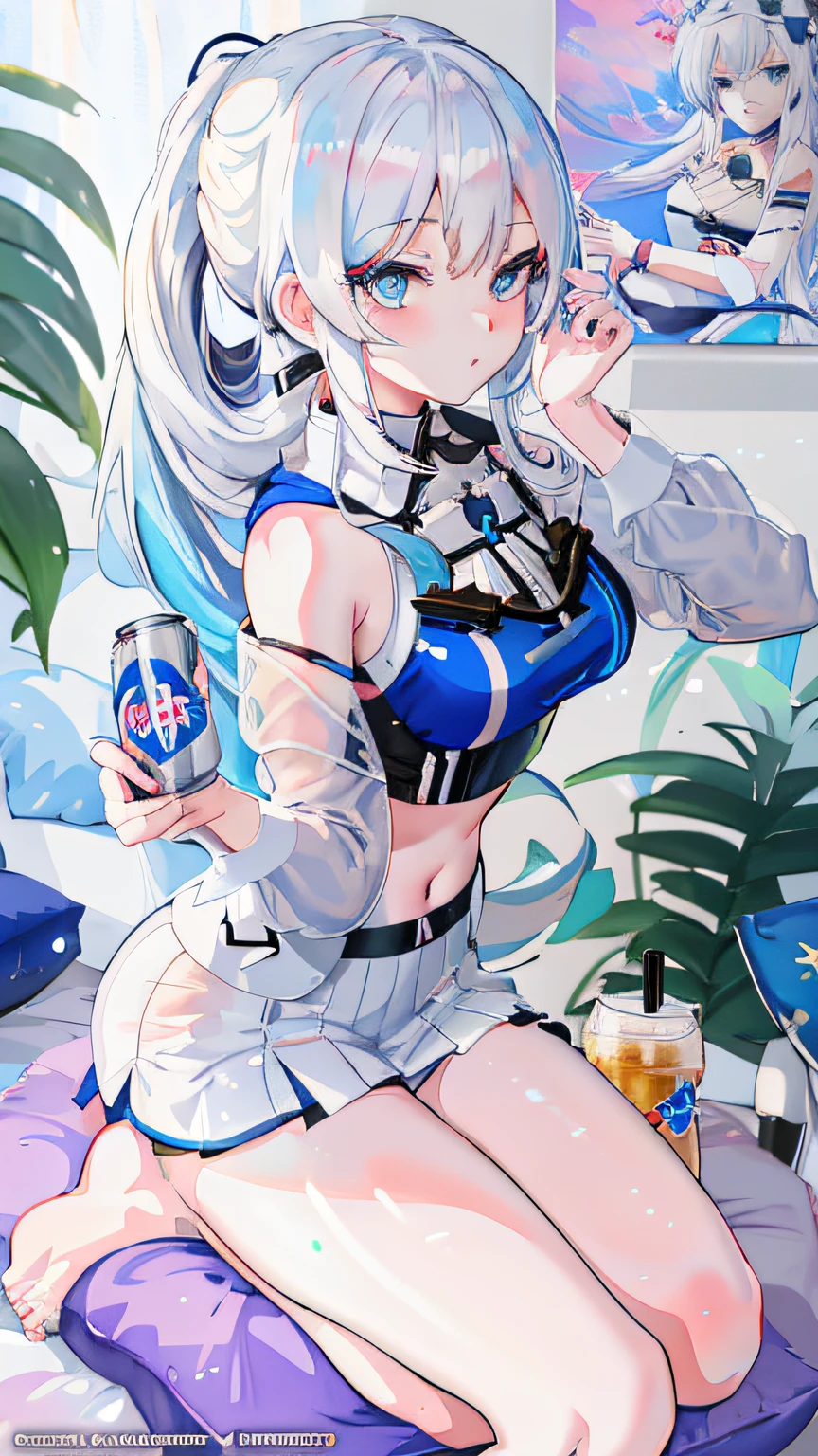 Anime girl with white hair and blue eyes sitting on cushion, anime girls drink Energy drink, seductive anime girls, girls frontline style, Splash art anime Loli, small curvaceous loli, from girls frontline, Fine details. Girl front, Kantai collection style, anime visual of a cute girl, Anime moe art style, [ 4 K digital art ]!!