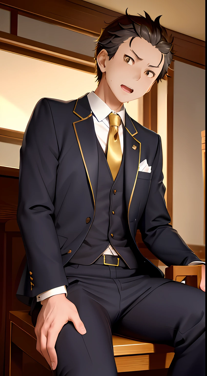 A high resolution, Sharp focus, Pixiv masterpiece, ((Complicated details)), highly detailed, natsuki_subaru, 1 man, with her mouth open,full bodyesbian,sit astride, Golden eyes(eyes glowing), blond hairbl, The shirt,Drenched,Gold tie,trousers,thongs,perspire,look from down