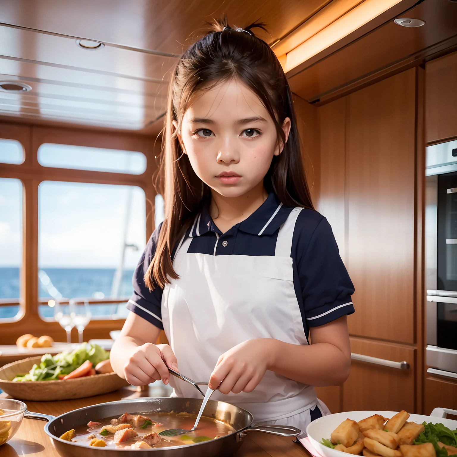 On a super-large cruise ship,Five delicate cute little girls with upturned asses,junior school student,Cooking in the yacht