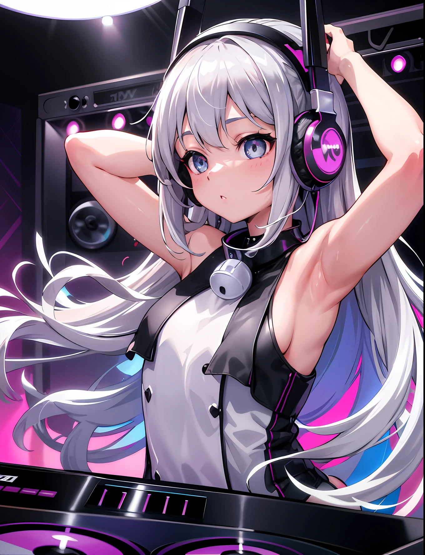 Masterpiece、Ultra-high-definition digital art、DJ、girl with、Gray hair、straight haired、kawaii faces、fun look、White sleeveless performance clothes、headphones、DJ Booth、Crystal clear skin、Beautiful eyes、club、disco、mirror ball、scratch、turntable、Audience on the floor、