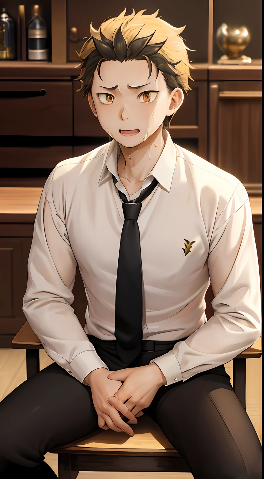 A high resolution, Sharp focus, Pixiv masterpiece, ((Complicated details)), highly detailed, natsuki_subaru, 1 man, with her mouth open,full bodyesbian,sit astride, Golden eyes(eyes glowing), blond hairbl, The shirt,Drenched,Gold tie,trousers,thongs,perspire,look from down