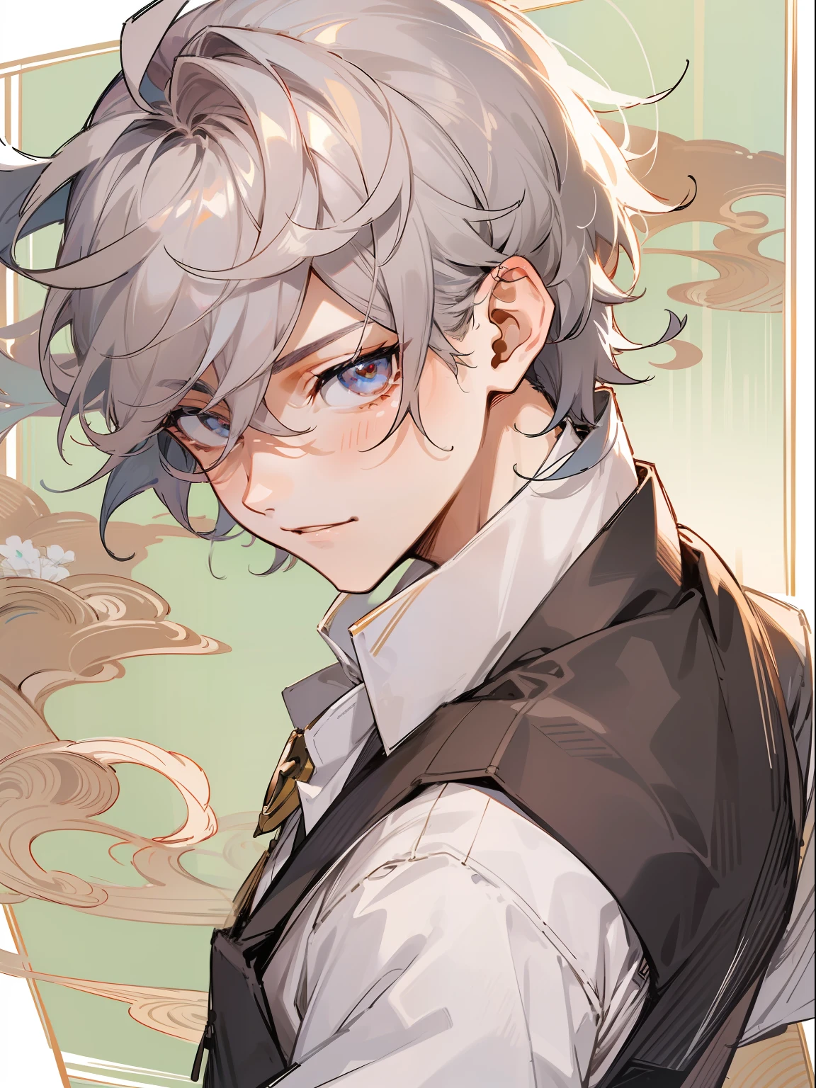 ultra detail,haigh quality,sketch,1boy,mature male,beautiful face,(black center parting hair:1.3),handsome male,pearl skin,white short sleeve shirts,drooping eyes,japanese high school,dynamic angle,japan anime,genshin,comics front cover