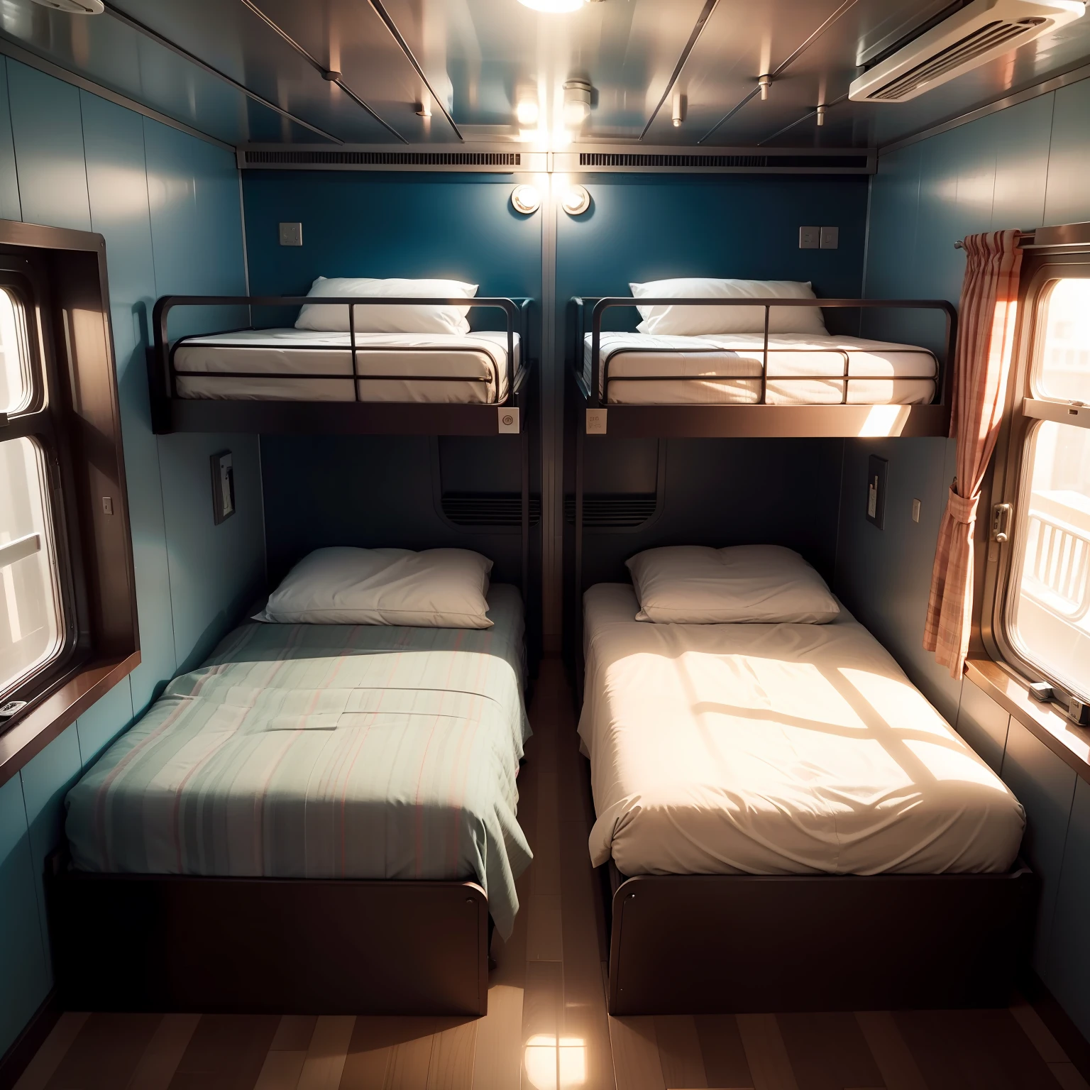 Train sleepers have two bunk beds, capsule hotel, with a bunk bed,interior photograph, interior of a small, alternate angle, inside a grand, interiors, a room, beautiful photograph,cool colours