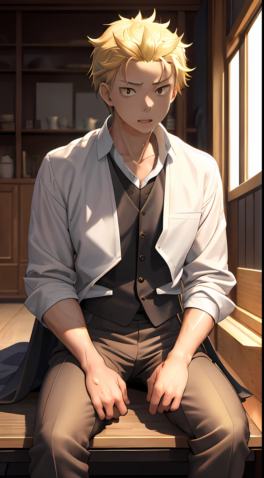 A high resolution， Sharp focus， Pixiv masterpiece， （（Complicated details））， highly  detailed， natsuki_subaru， 1 man， with her mouth open，full bodyesbian，sit astride， Golden eyes（eyes glowing）， blond hairbl， The shirt，Drenched，Gold tie，trousers，thongs，perspire，look from down