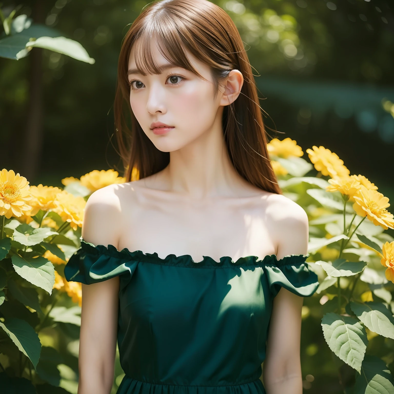 Top image quality、8K、Photoquality、RAW images、Japan girls1a person、Slender and delicate body、(fully body photo、Full body portrait)、200mm telephoto lens、kawaii、Dark Green Silk Long Dress、(halterneck、off shoulders)、(Embroidery of large golden flowers on the chest)、Cute Pose、medium distance shot、Slender Abs、Composition from the knee up、Gold headband、fully body photo、medium distance shot、