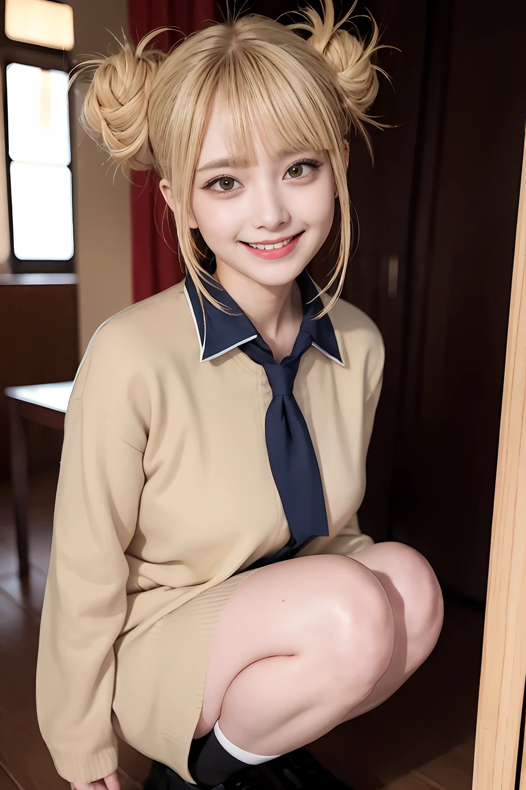 ((a blond、Himiko Toga、Dark eye shadow、Dark eyeliner、Patsun、Twin-tailed、Bun head、tthin eyebrows、Crazy smile、red blush、double tooth、Yellow Colorcon、Office Lady、Black Recruit Suit、white shirt、Black tight skirt、Black stockings、high-heels))、NSFW、8k、RAW Photography:1.2、(top-quality:1.4、hight resolution:1.4、masterpiece:1.4)、Best Illustration、hyper realisitic:1.4、1girl、realisitic、The ultra-detailliert、Photorealsitic:1.4、incredibly absurdness、ulzzang -6500-v1.1:0.33、beautiful_mistake-6500:0.66、PureErosFace_v1:0.5、a closeup、Floating hair、Soft light、Cinema Lights、Film Grain、full bodyesbian、depth of fields、blurry backround、bokeh dof:1.4、eyes focus、pov、85mmレンズ、F/1.4、professionally lit、lensflare、Luminous particles:0.6、Professional Writing、portlate:0.6、Photon Mapping、Radio City、physically-based renderingt、Transparency、a japanese girl、sexual excitement:1.5、lifelike face、Realistic body、real looking skin、huge-breasted:1.3、well-styled、camel's toe、light skinned:1.1、(Floating Hair NovaFrog Style、Hairstyles tailored to Japan trends in 2023、A dark-haired、cute little:1.5)