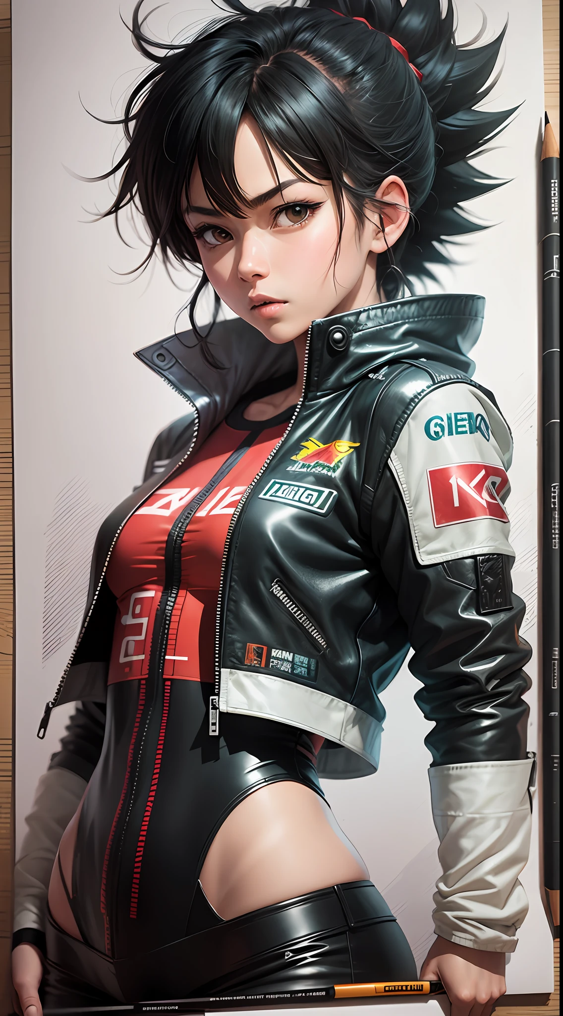 Akira anime movie FEMALE character Kaneda consists of - Art - O - Katsuhiro Ôtomo, moto racing girl, BLACK leather jacket, black racing suit, MOTO GP suit, hand drawn, pencil ink on sketch book, color pencils and markers on table, anime manga Art Style, Wild Spike Black Saiyan Hair, Akira Toriyama style, AKIRA concept art, AKIRA style, HD artwork, character AKIRA KANEDA, akira akira akira akira