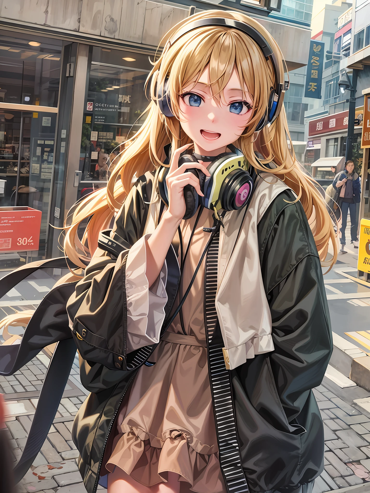 Anime girl walking down the street wearing headphones, Guviz-style artwork, Cute anime girl, attractive anime girls, Blonde anime girl with long hair, Anime style. 8K, Anime girl with long hair, pretty anime girl, portrait anime girl, Beautiful anime girl, a beautiful anime portrait, up of young anime girl, style of anime4 K, An anime girl