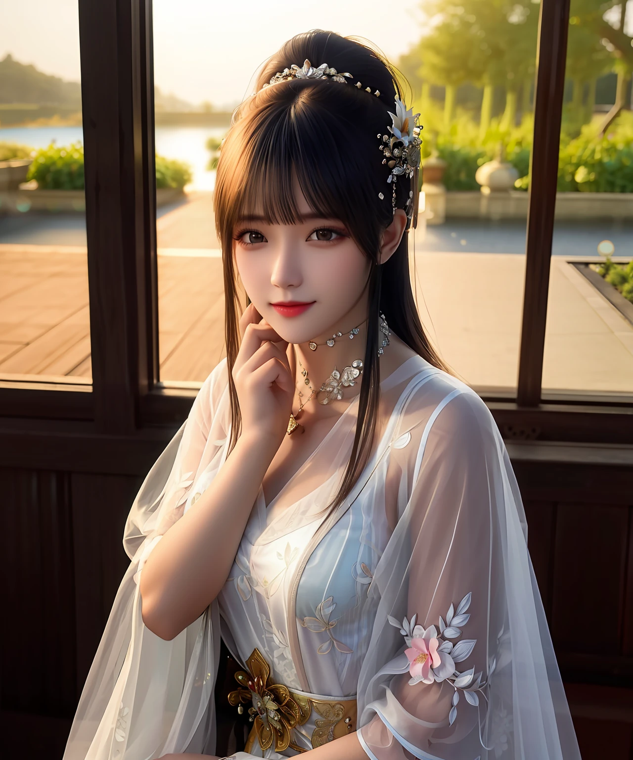 best qualtiy,tmasterpiece,A high resolution,1girll,Tang suit,hair adornments,choker necklace,jewely,beautiful face,Physically,Dingdall effect,realisticlying,chinese classic garden,deep dark background,edge lit,twotonelighting,(highdetailskin:1.2),8K UHD, Digital SLR, softlighting, high high quality, volumettic light, sneak shot, photore, A high resolution, 4K, 8K, Background bokeh,